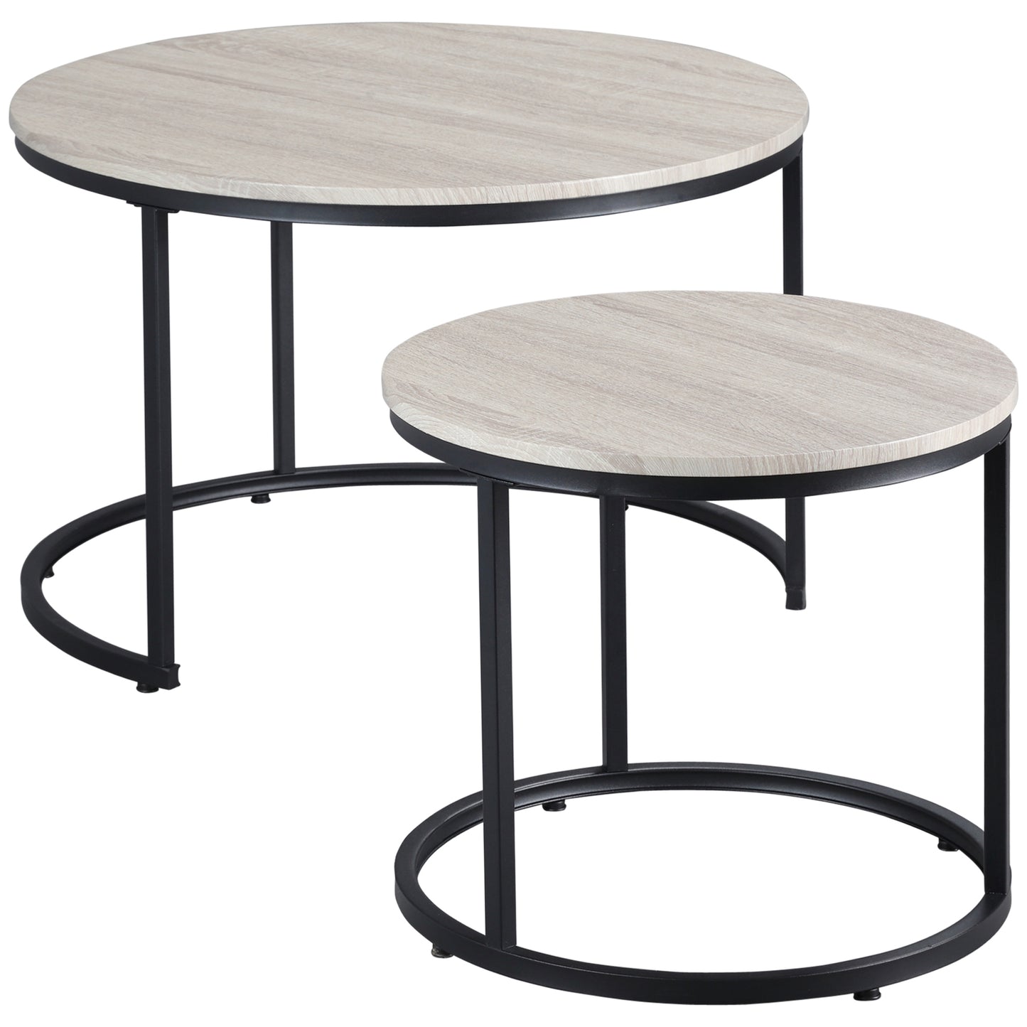 Pair of round nesting coffee tables with light wood grain tops and black metal frames