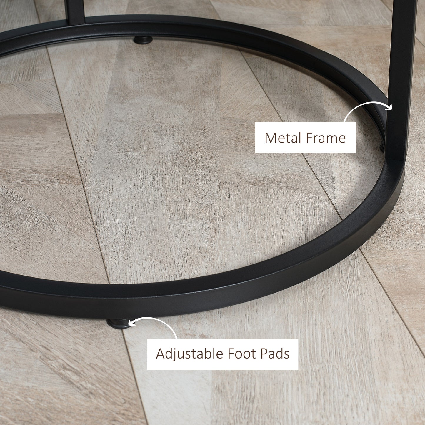 Black metal frame with adjustable foot pads on wooden floor