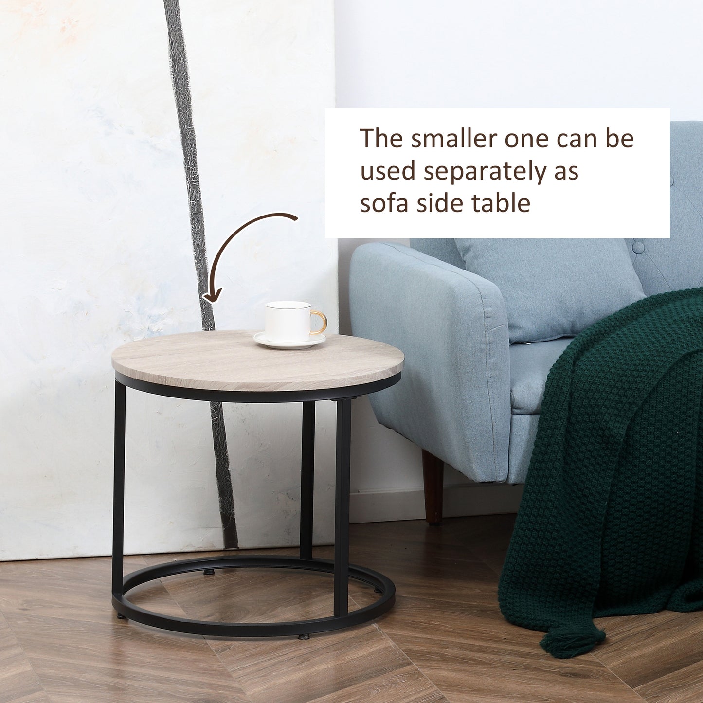 Round wood grain nesting end table with black metal frame