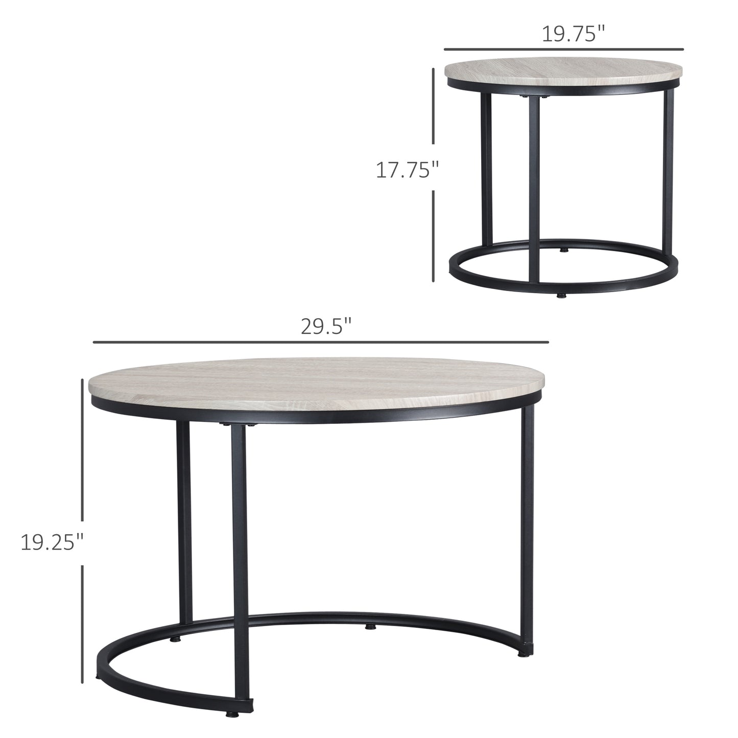 Set of two round nesting tables with light woodlook tops and black metal frames