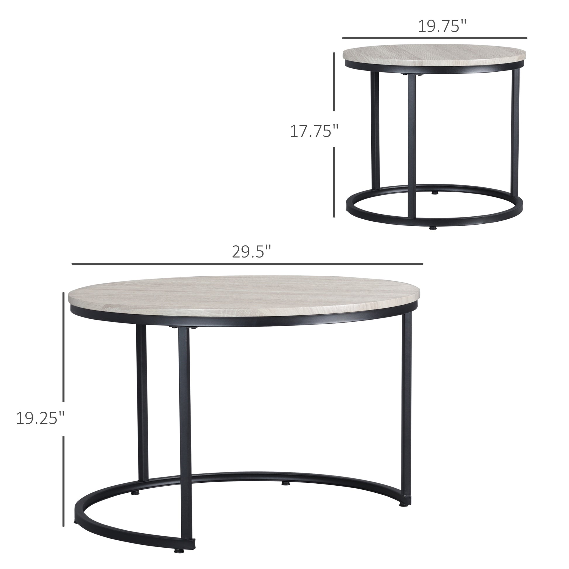 Set of two round nesting tables with light woodlook tops and black metal frames