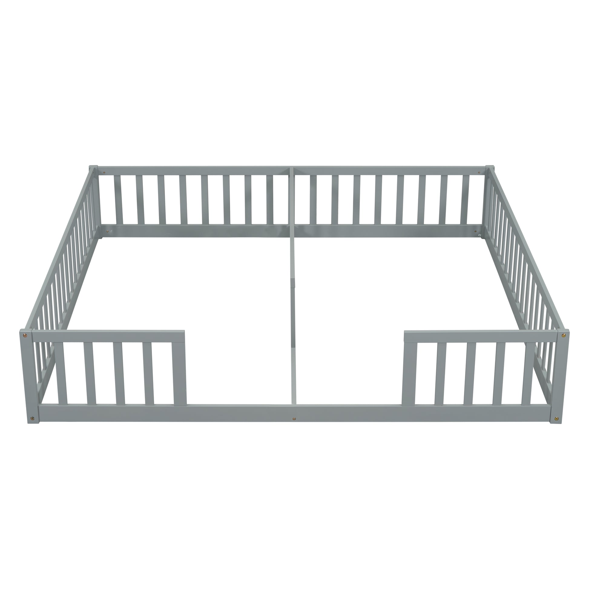 Gray wooden toddler bed guard rail with vertical slats