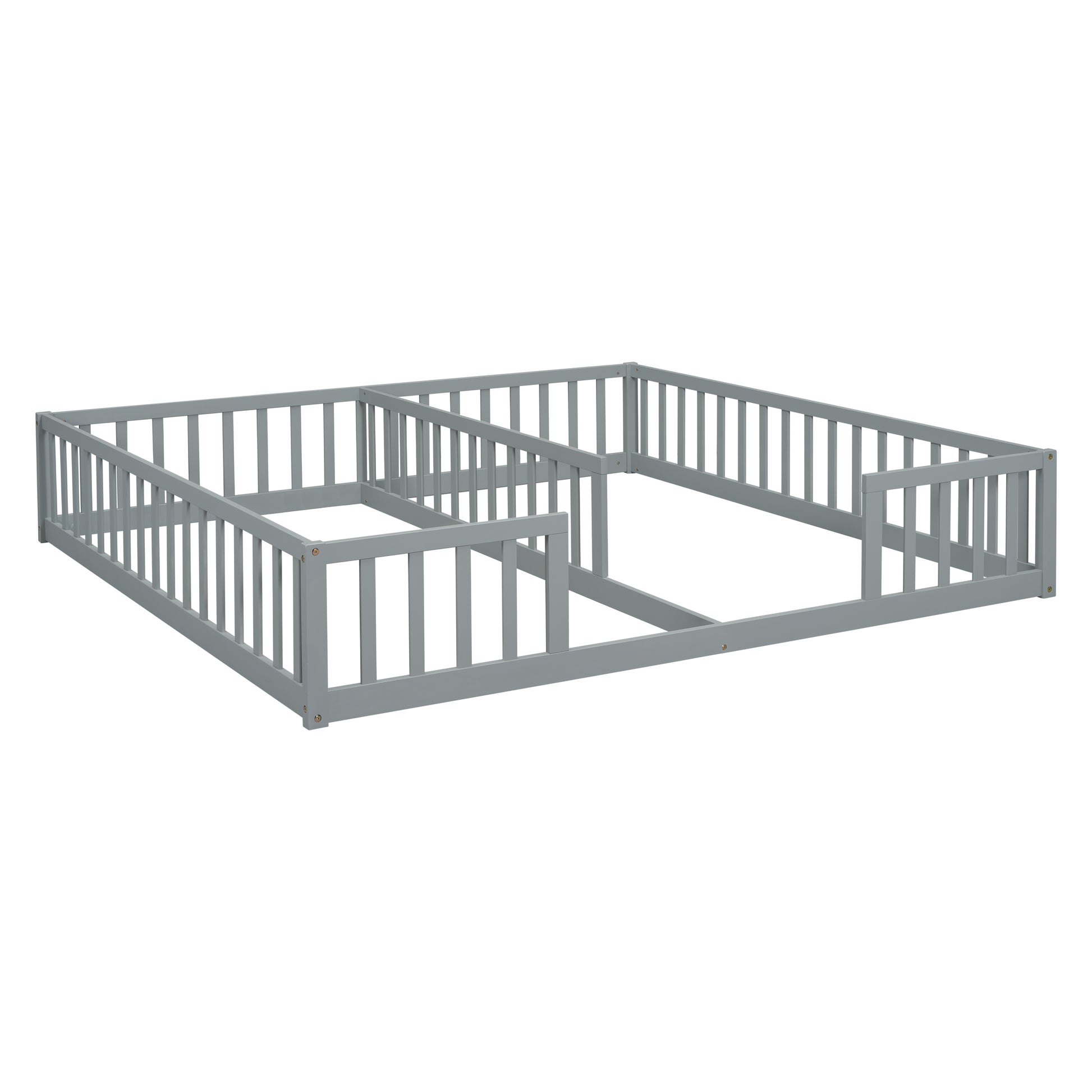 Gray wooden toddler bed frame with safety rails