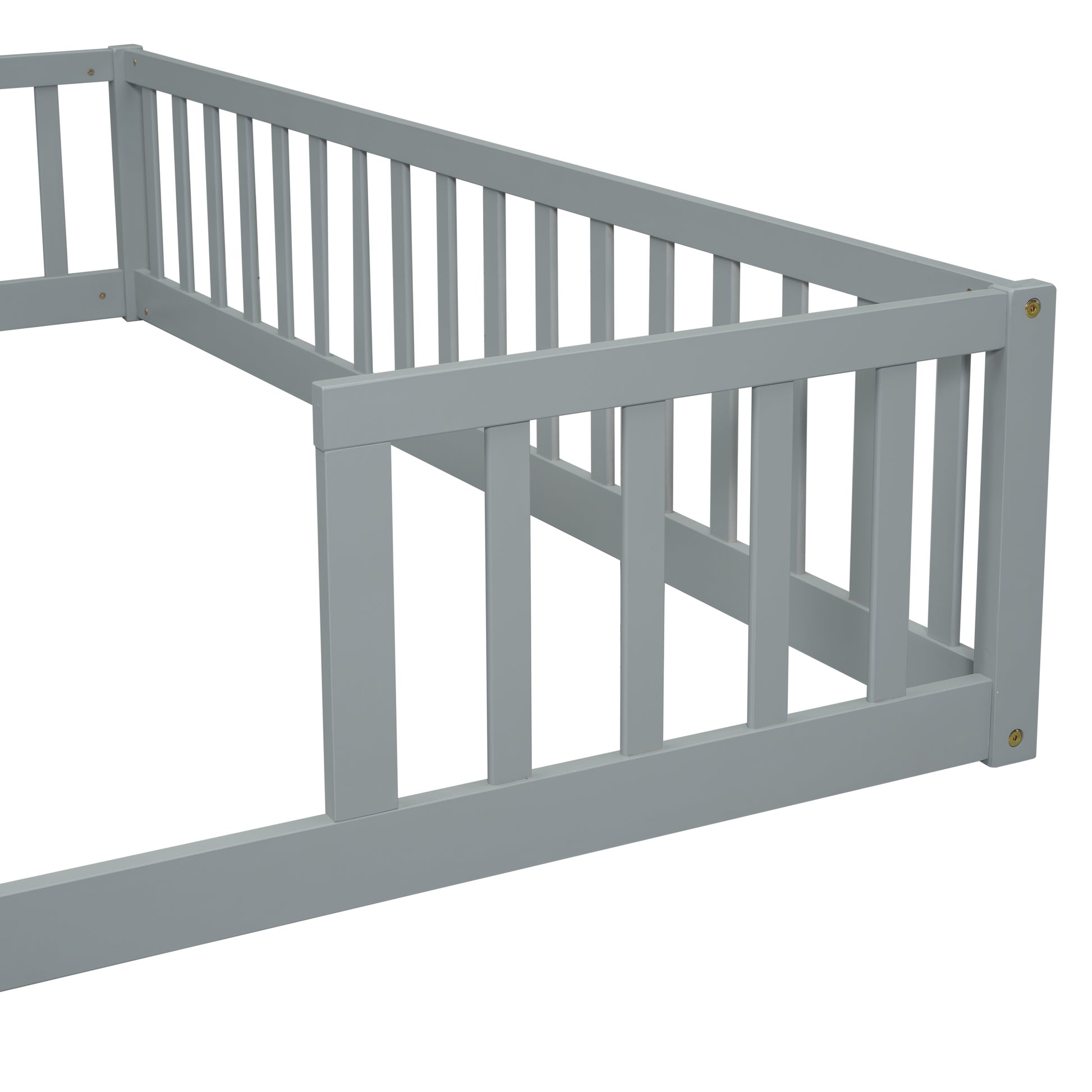 Gray wooden toddler bed guardrail detail