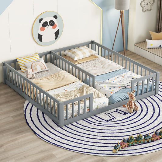 Grey wooden toddler bed with rails and rainbow bedding