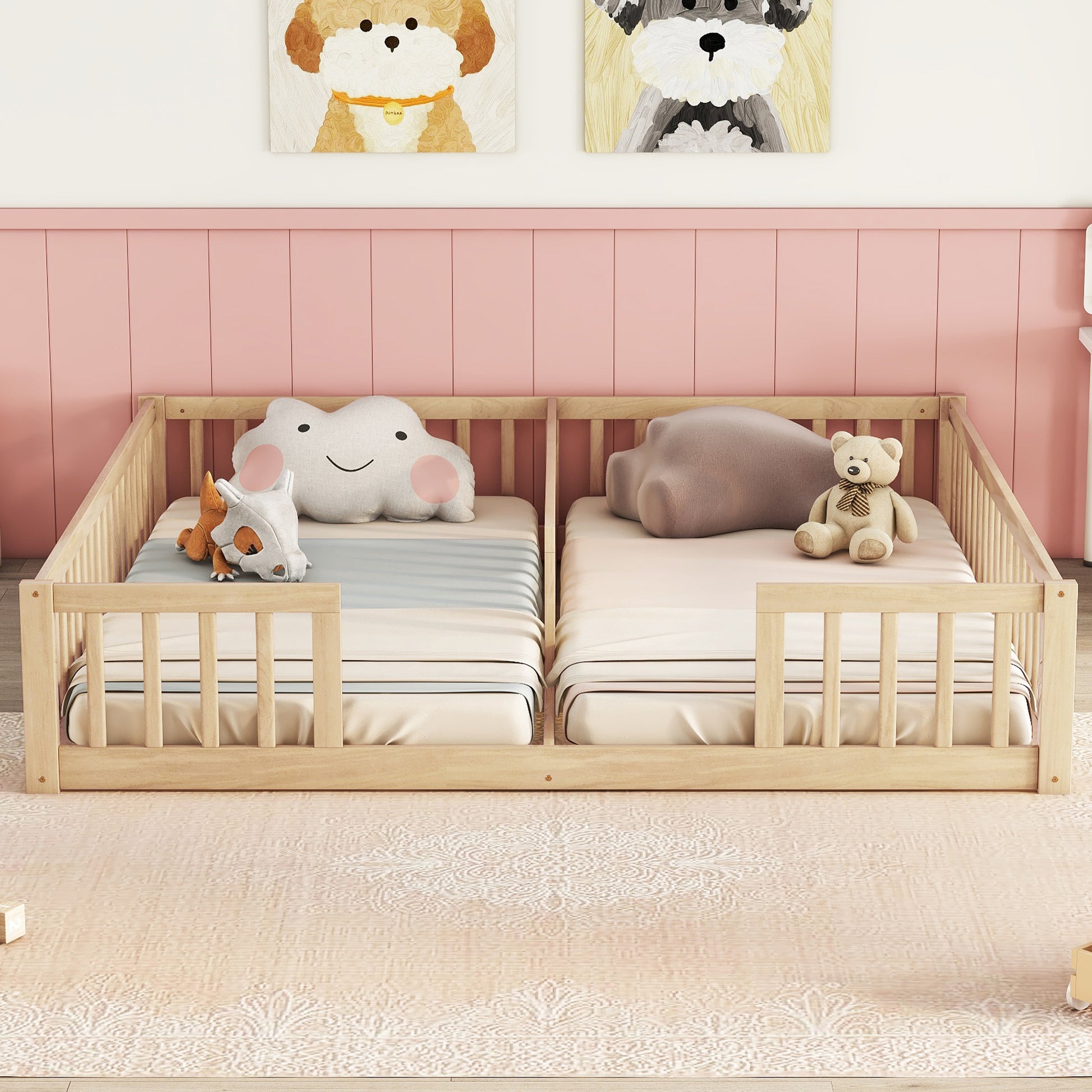 Twin size wooden toddler bed with safety rails and cloud pillow