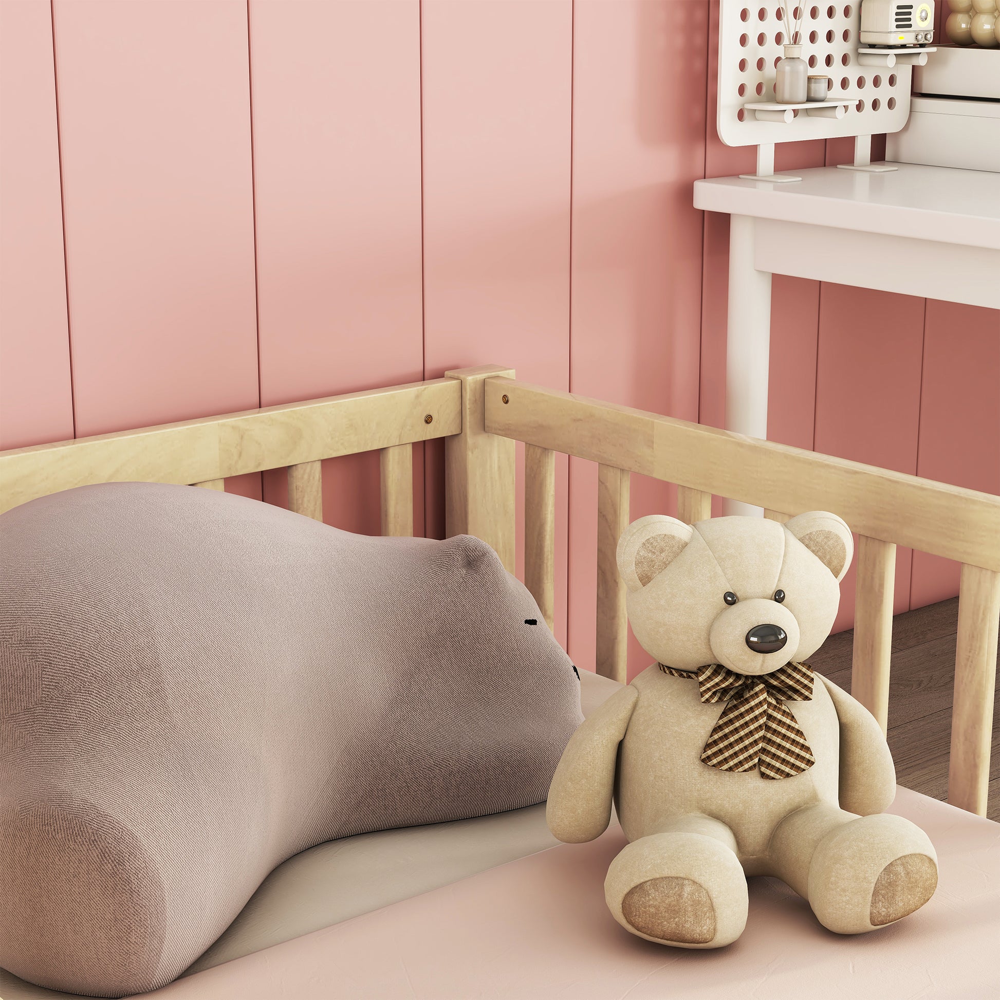 Light brown plush teddy bear toy with checkered bow tie sitting on pink surface