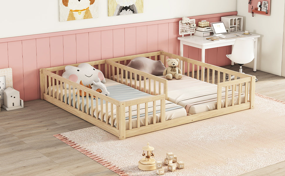 Natural pine wood toddler bed with rail for safety