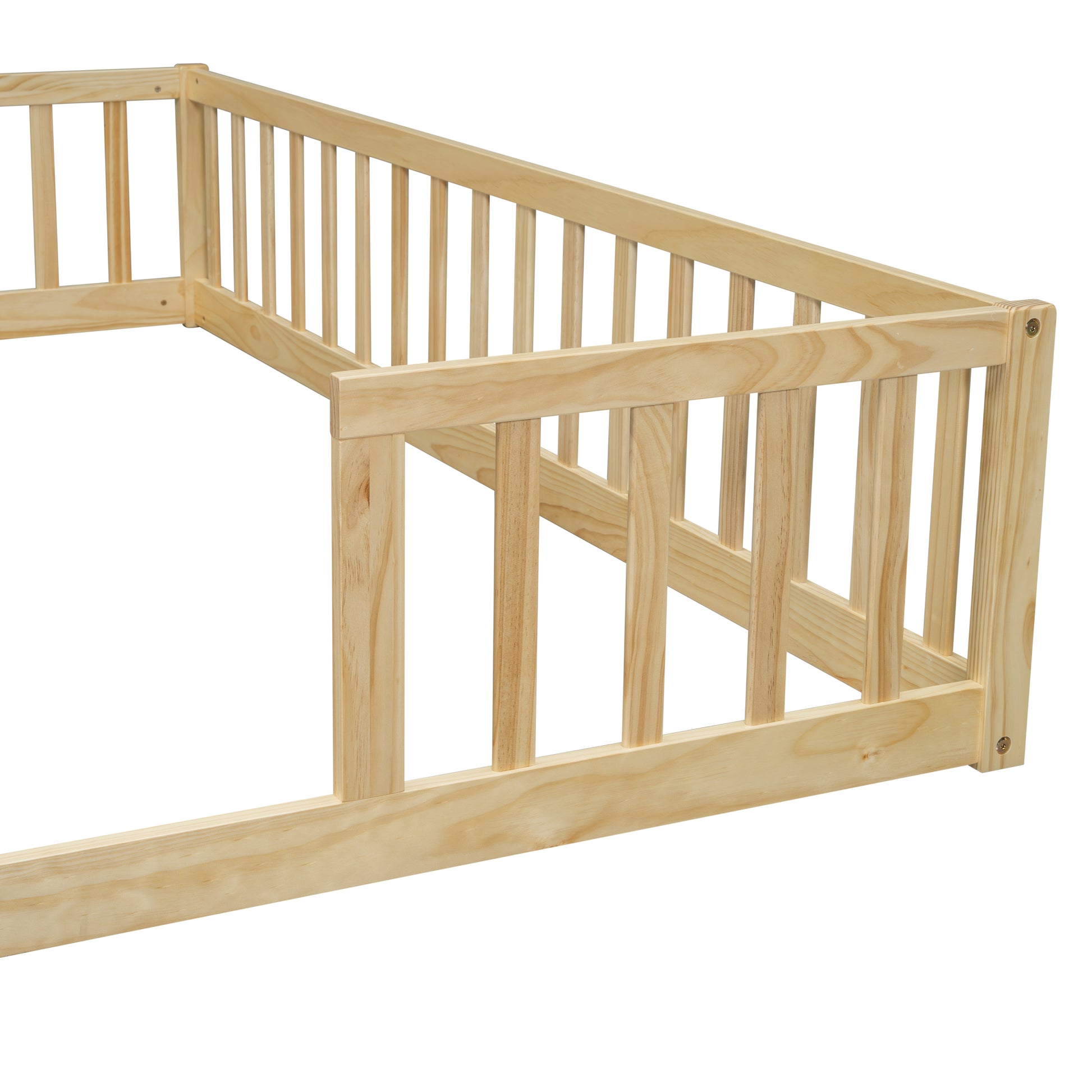 Natural pine wood toddler bed frame with safety rails
