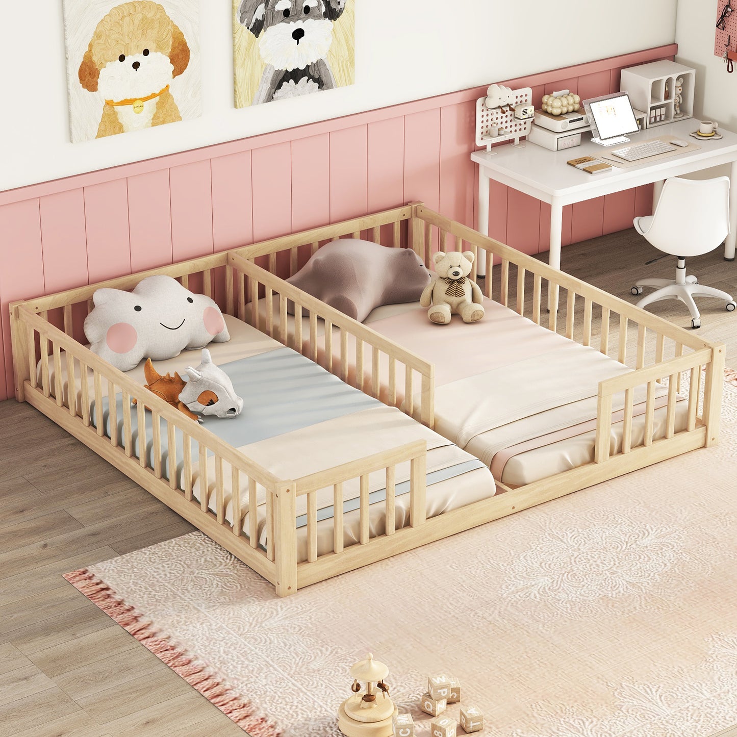 Wooden toddler bed with guardrails and cloud pillow