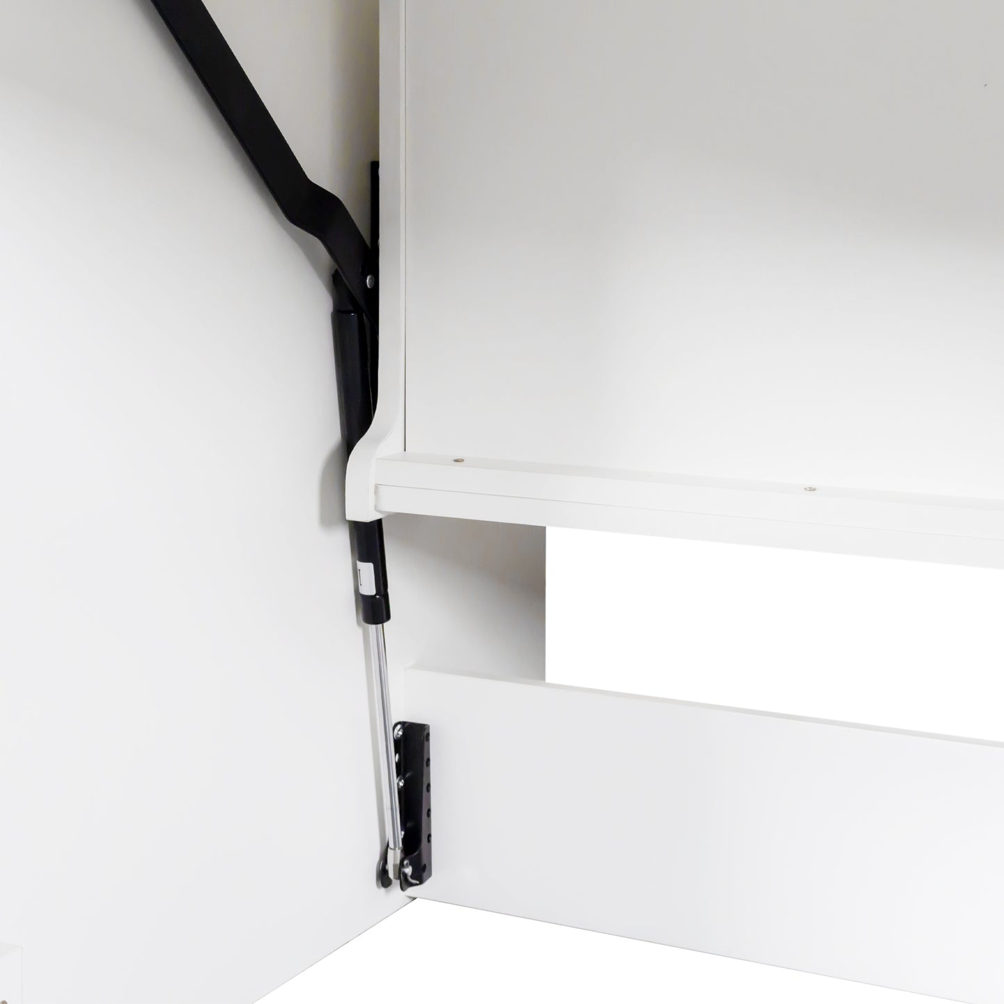 White cabinet interior with open gas lift door and black support strut
