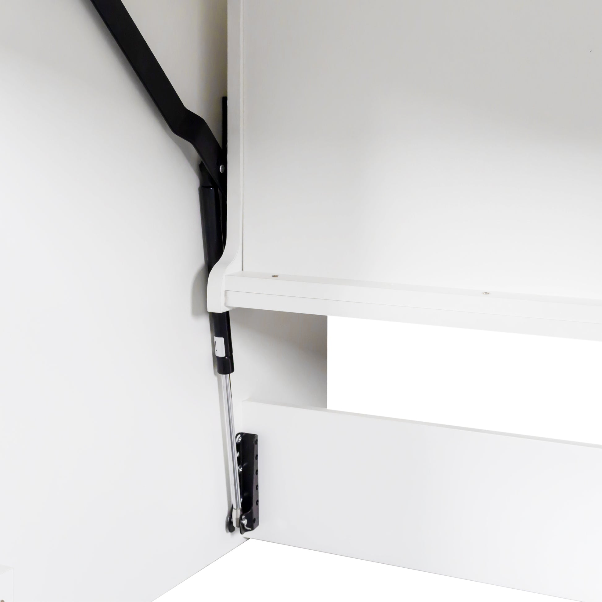White cabinet interior with open gas lift door and black support strut