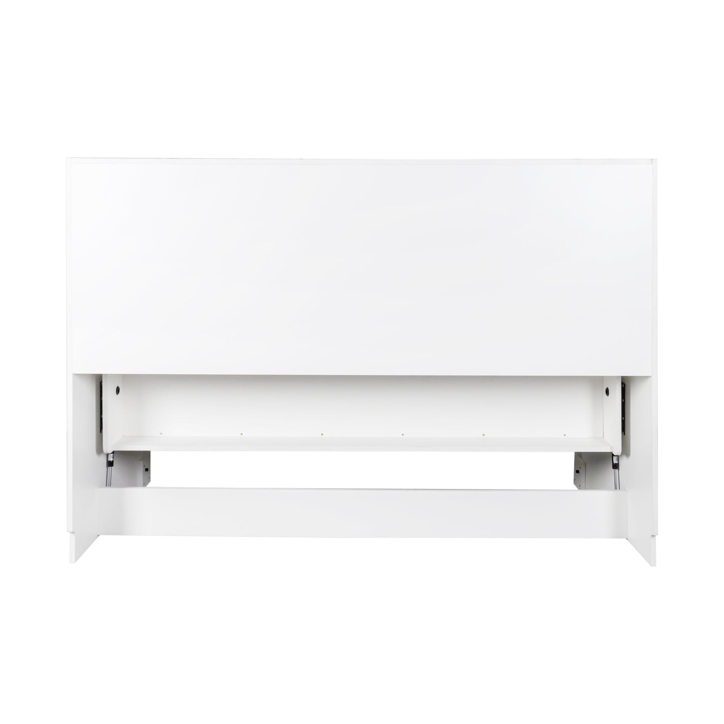 White modern platform bed frame with integrated headboard shelf