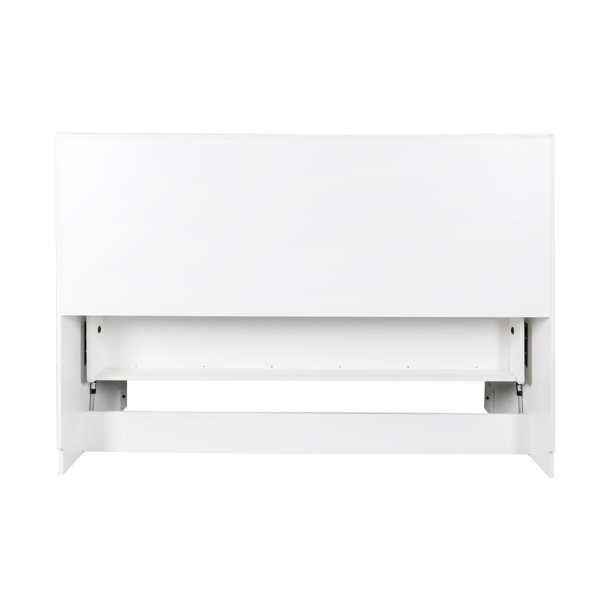 White modern platform bed frame with integrated headboard shelf