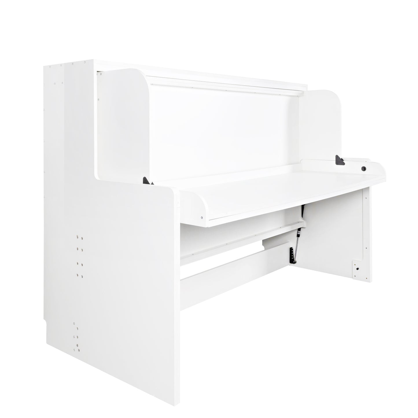 White wallmounted desk with folddown tabletop and integrated shelf