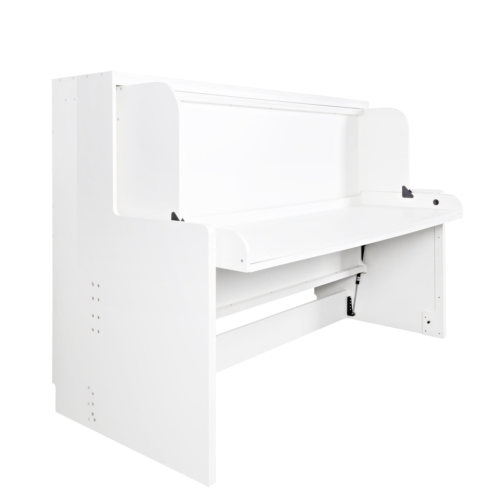White wallmounted desk with folddown tabletop and integrated shelf