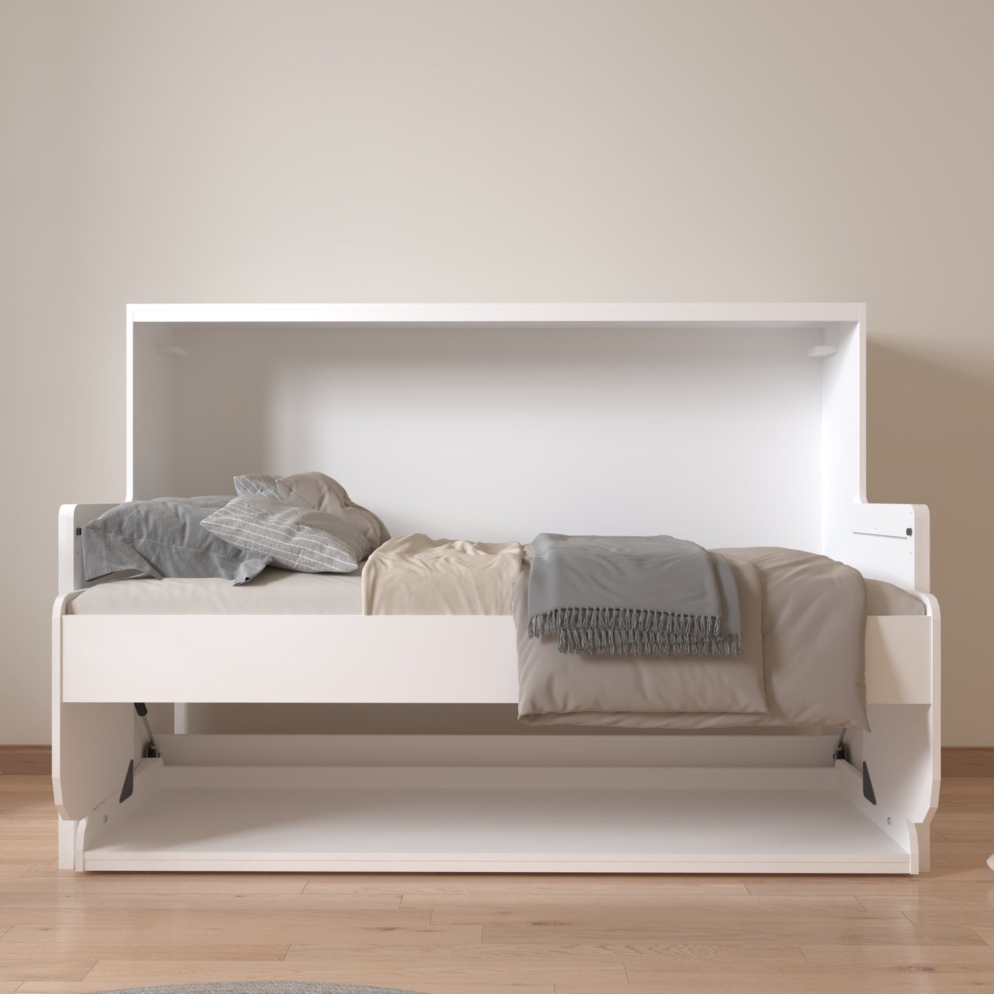 White murphy bed with gray and tan bedding