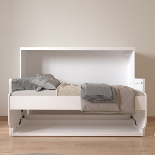 White murphy bed with gray and tan bedding