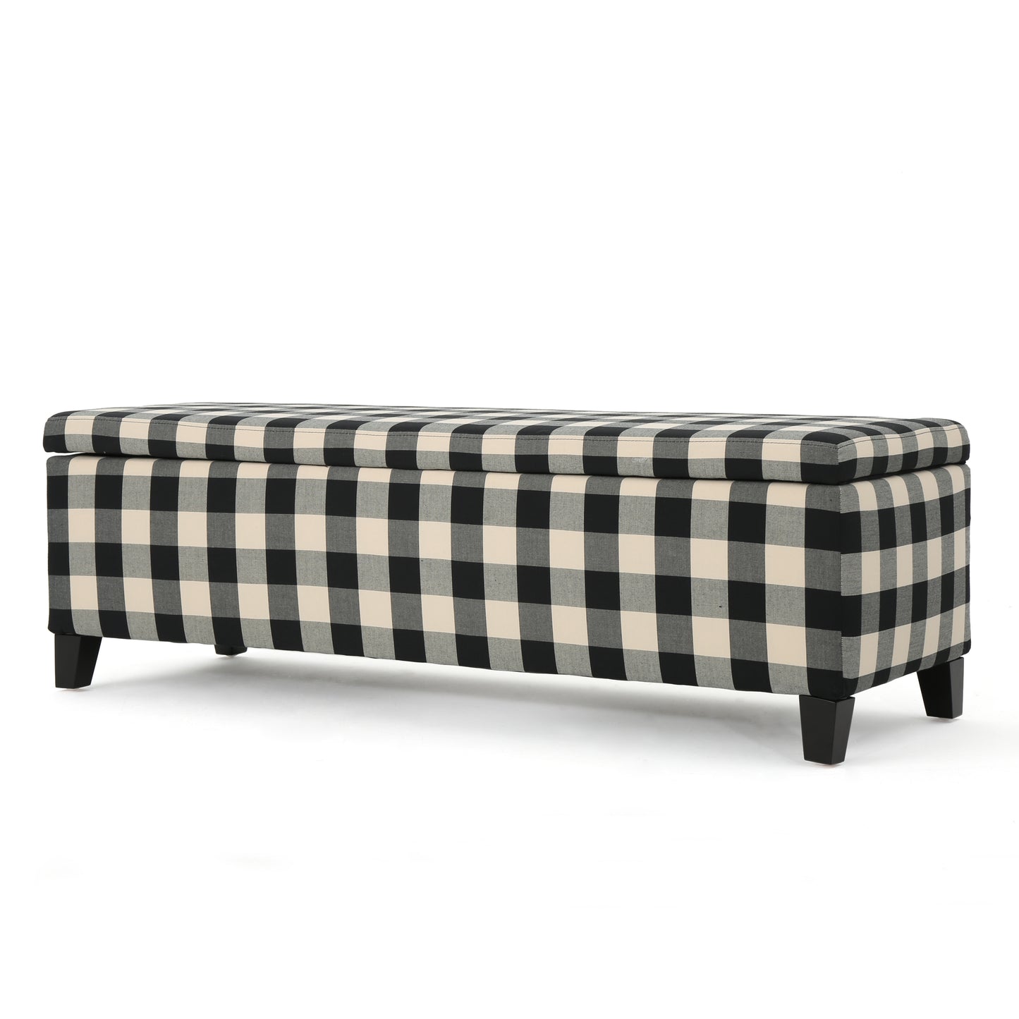 Black and cream buffalo check storage bench with dark wooden legs