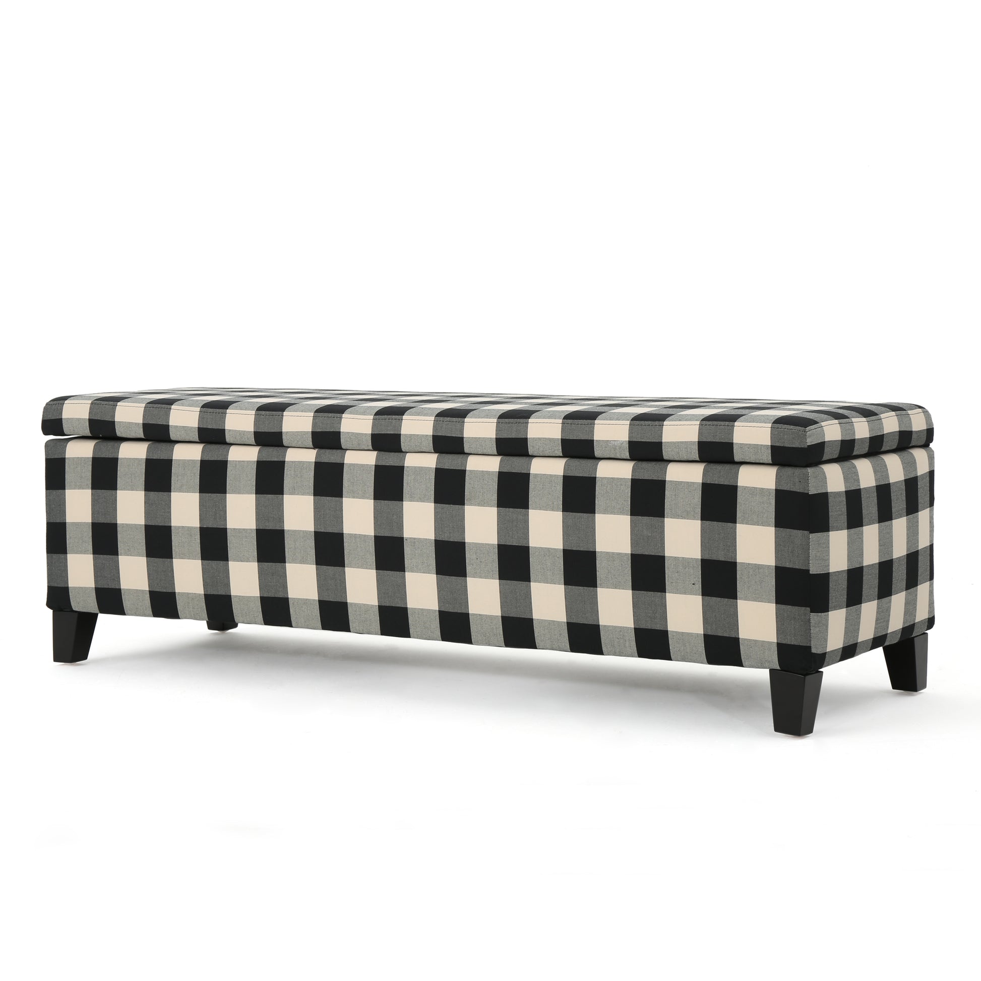 Black and cream buffalo check storage bench with dark wooden legs