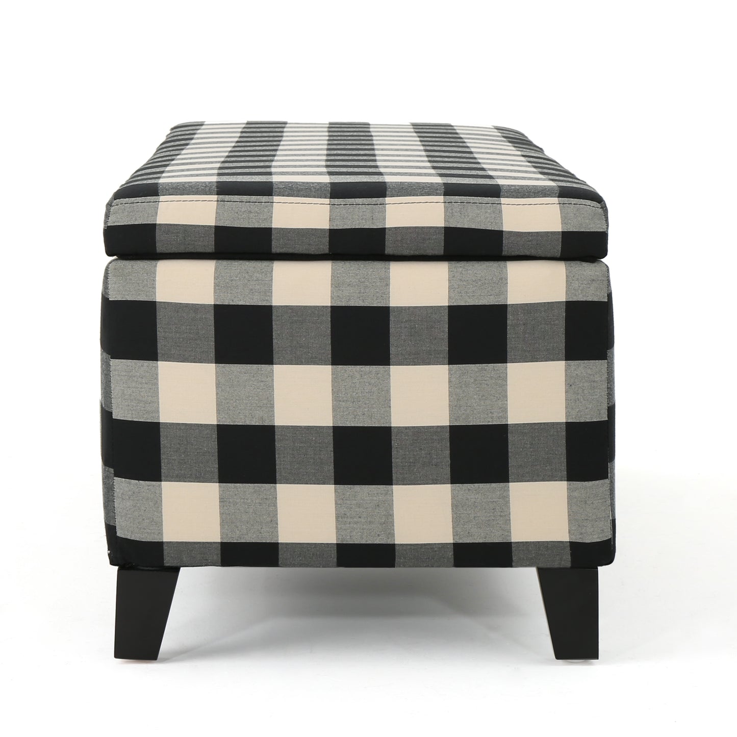 Black and cream buffalo check storage ottoman with dark wood legs