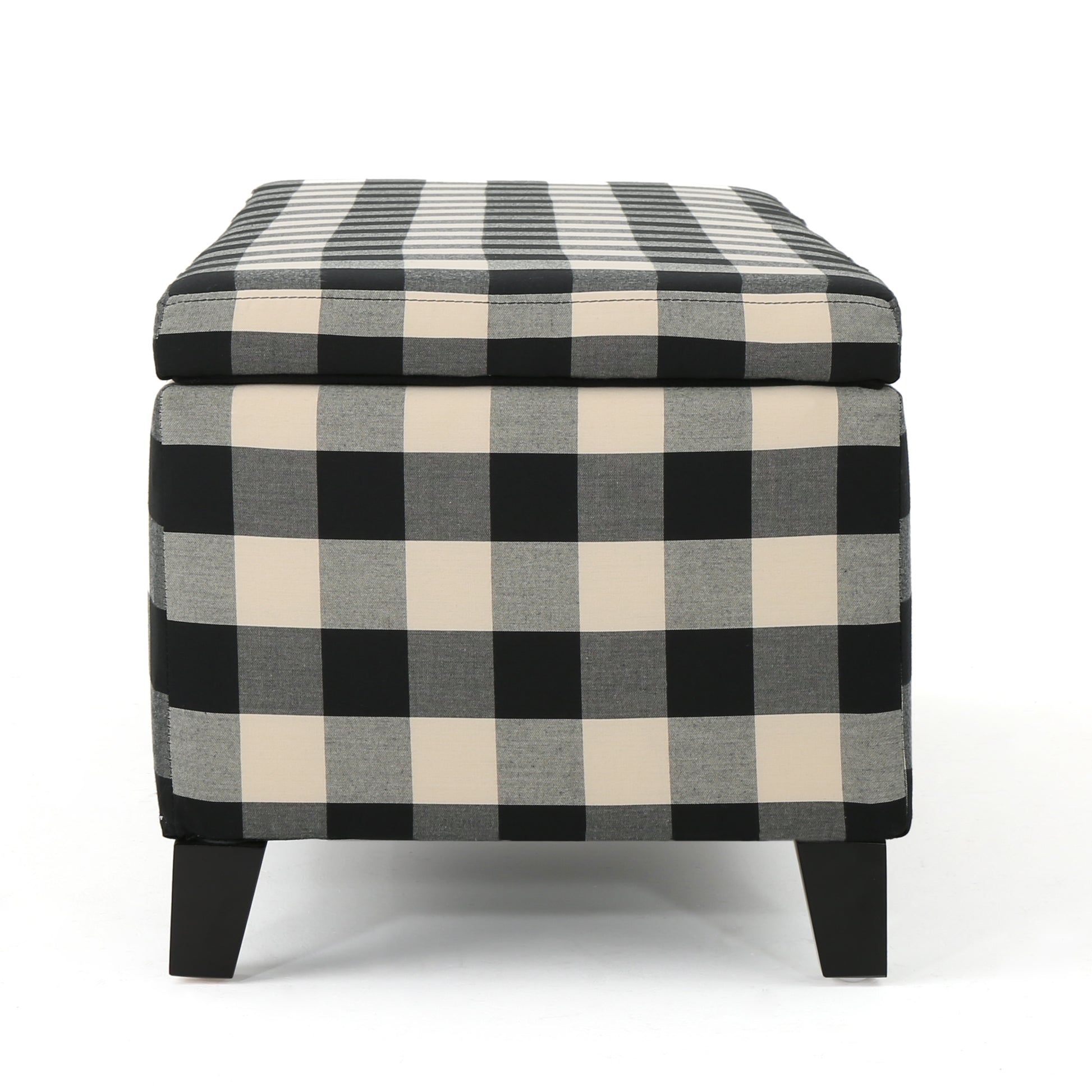 Black and cream buffalo check storage ottoman with dark wood legs