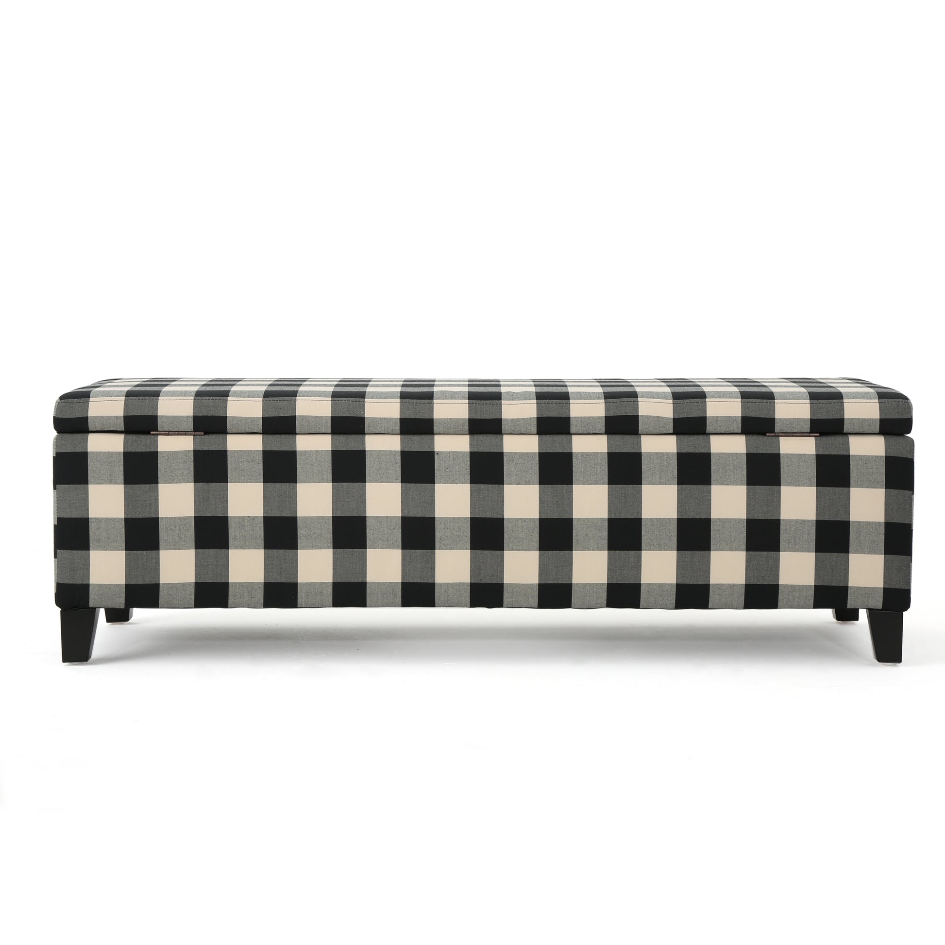 Black and cream buffalo check storage ottoman with wooden legs