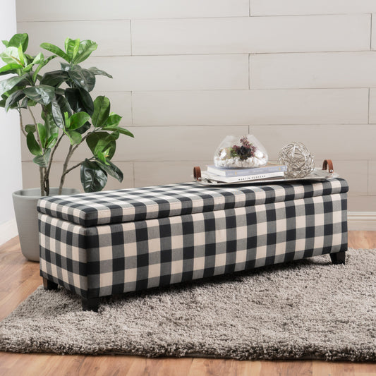 Black and cream buffalo check storage ottoman with dark wood legs