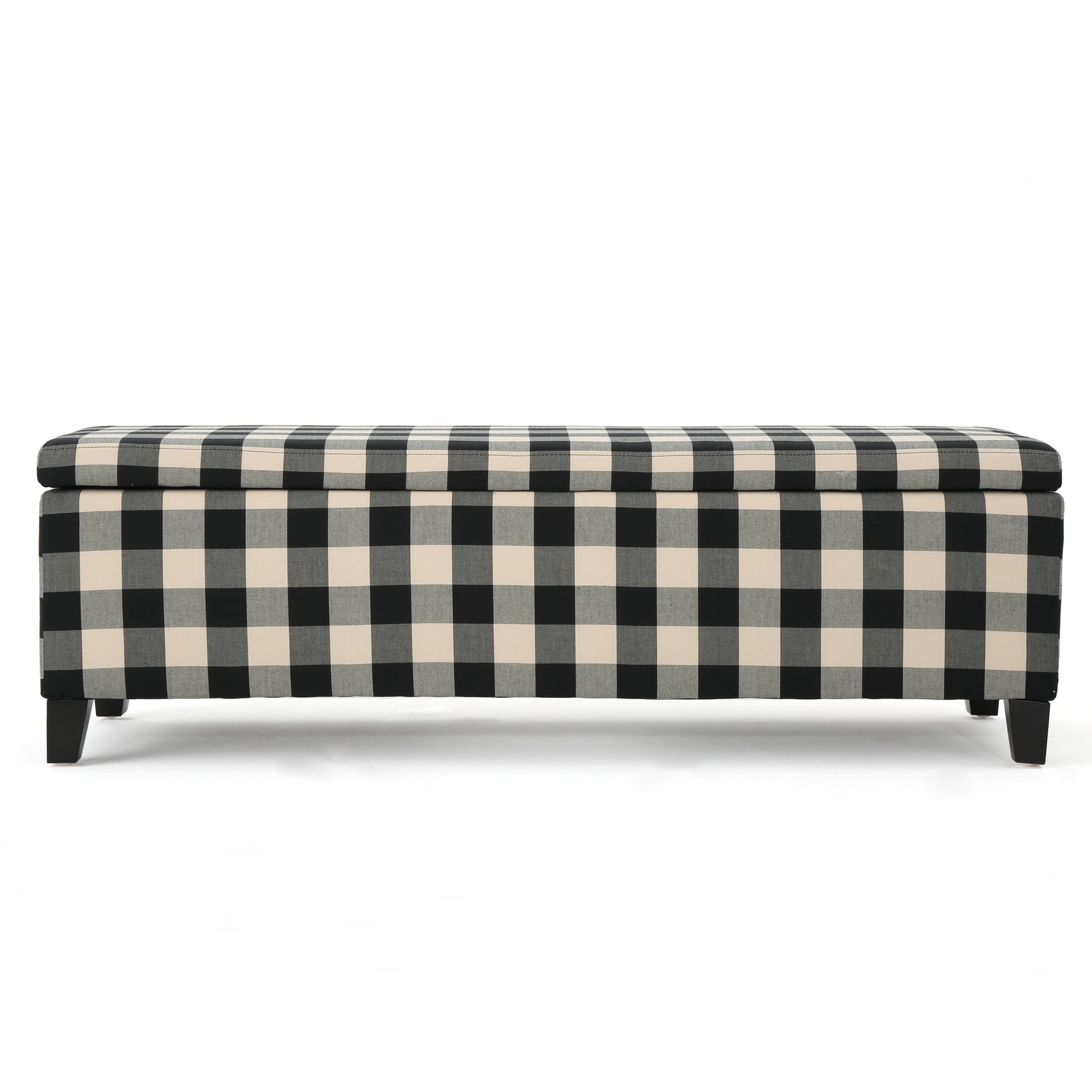 Black and white buffalo check storage ottoman with tapered legs
