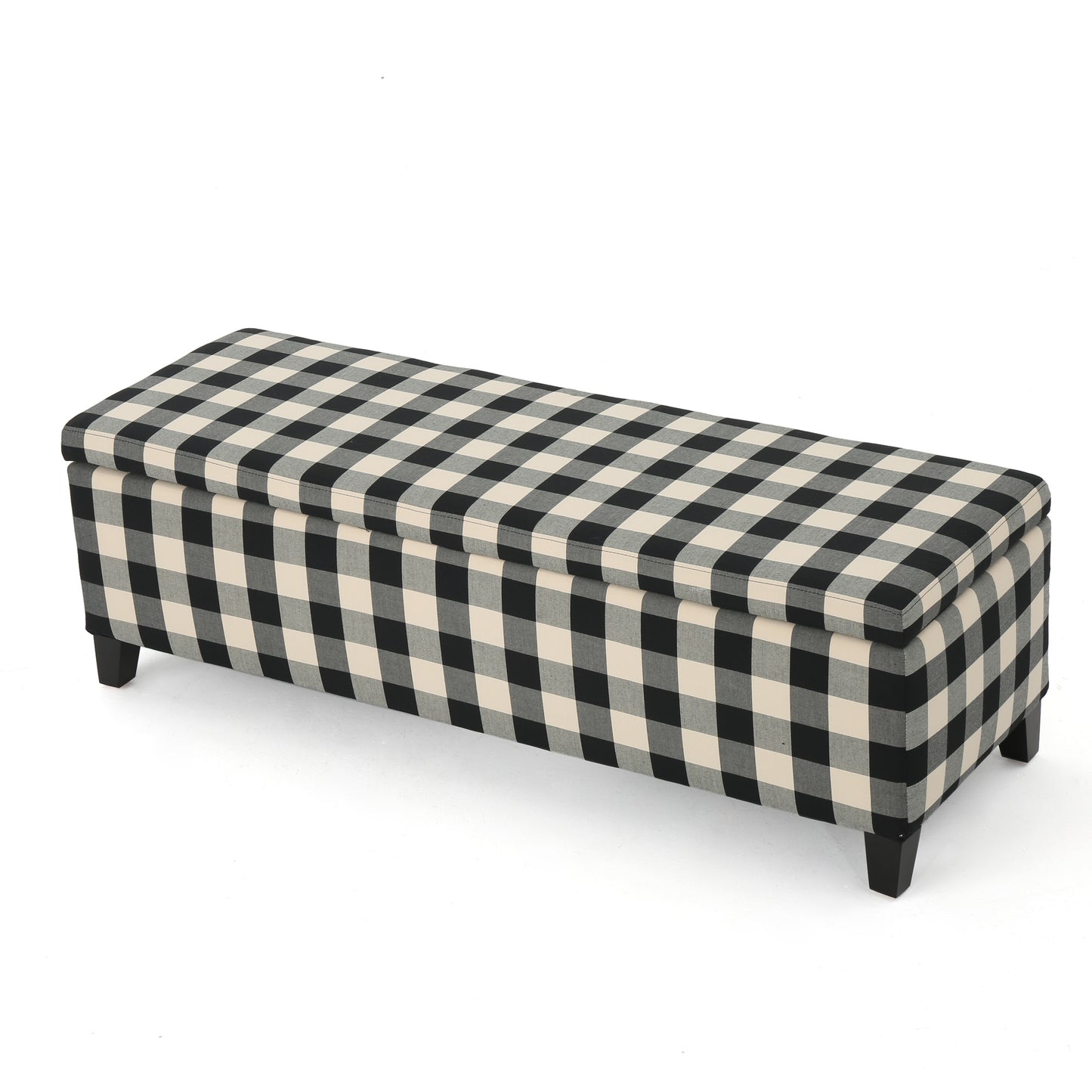 Black and cream buffalo check storage ottoman with tapered legs