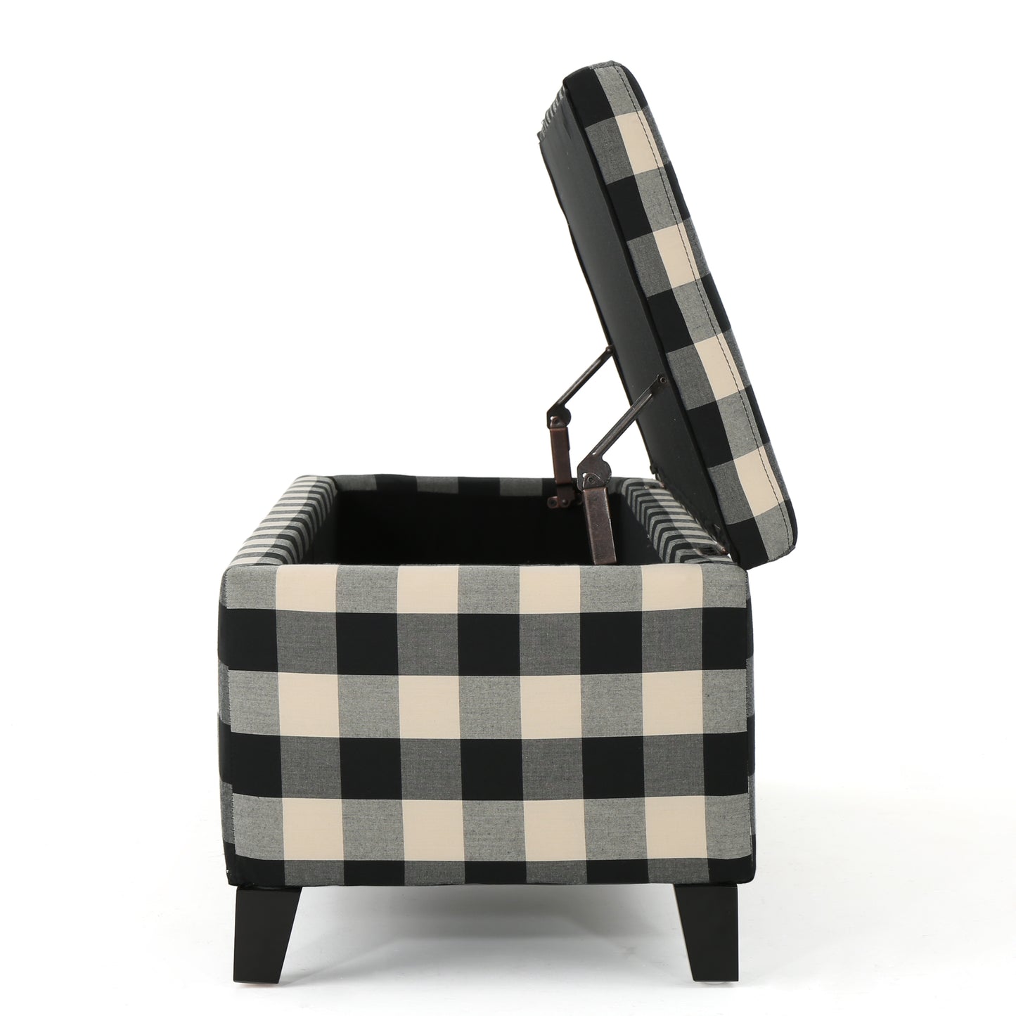 Black and beige buffalo check storage ottoman with lid open