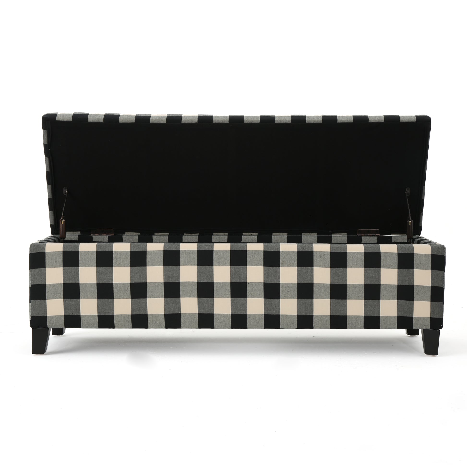 Black and white buffalo plaid storage bench with lid open