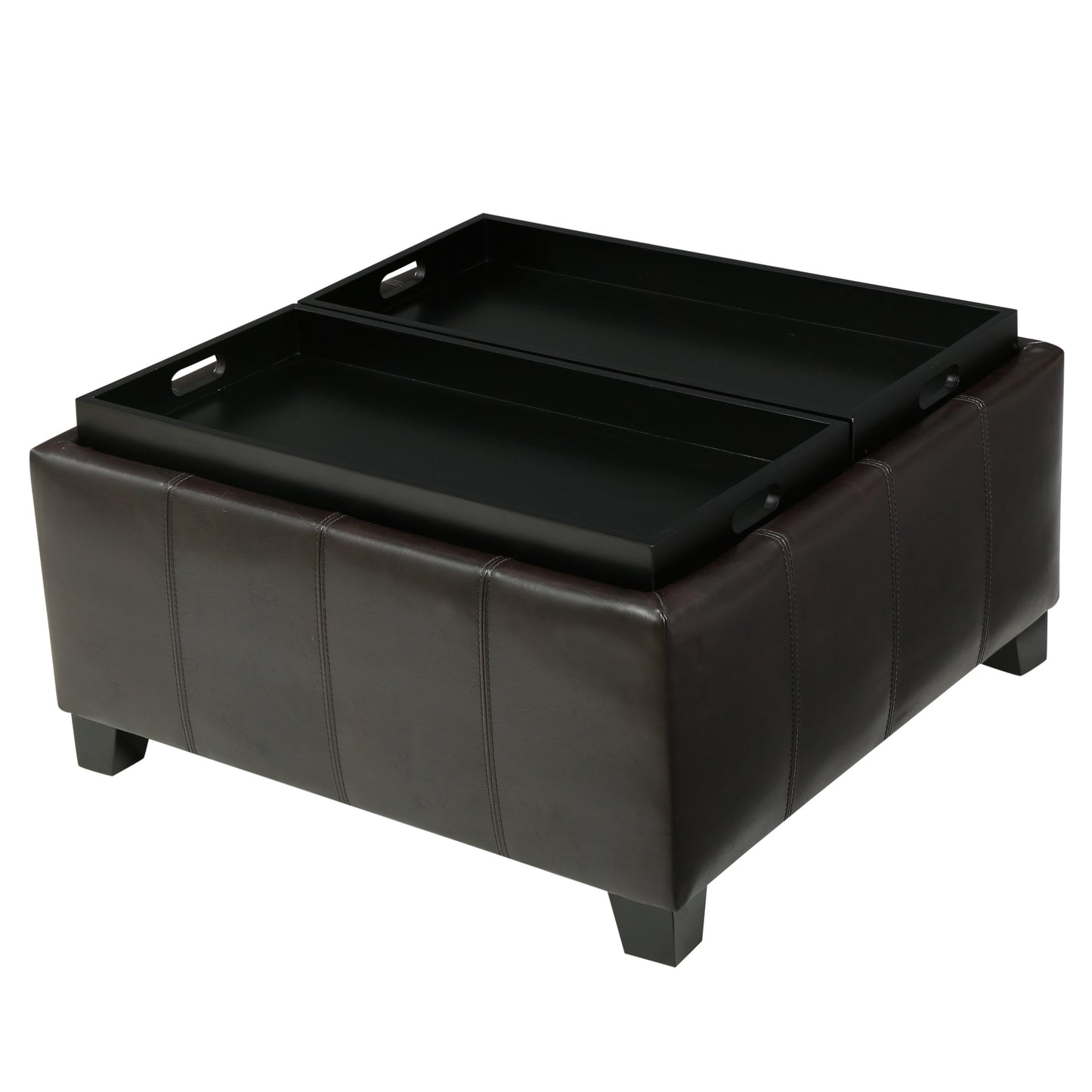Brown faux leather storage ottoman with two black serving trays