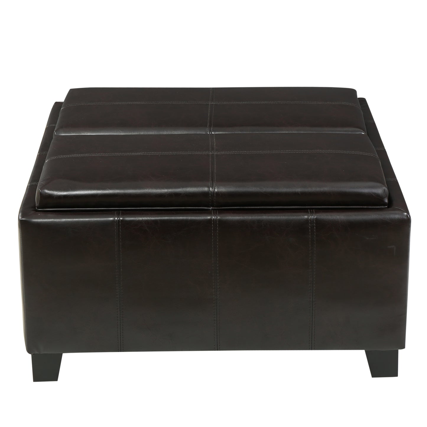 Dark brown faux leather storage ottoman with tufted lid and wood legs