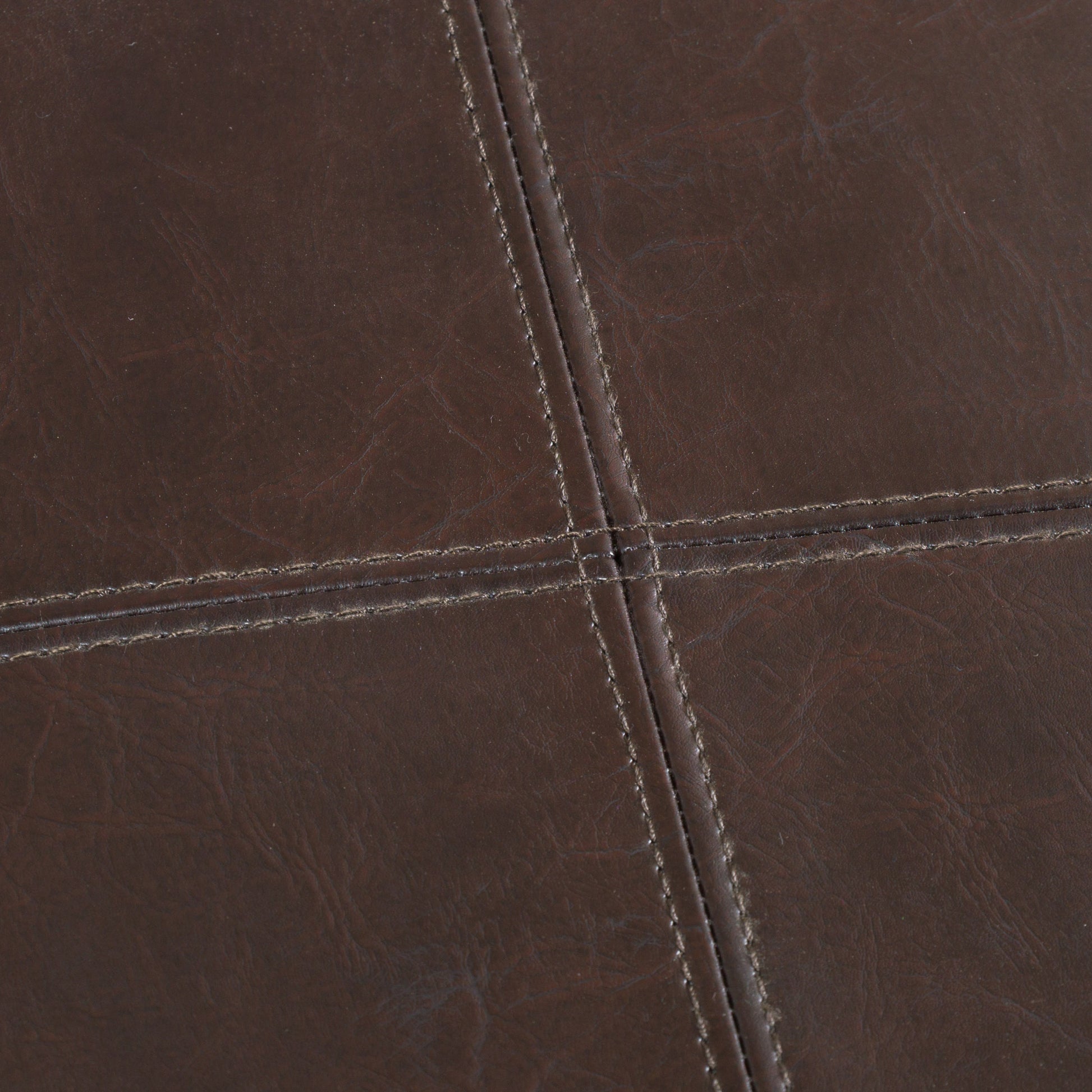 Closeup of dark brown stitched faux leather texture