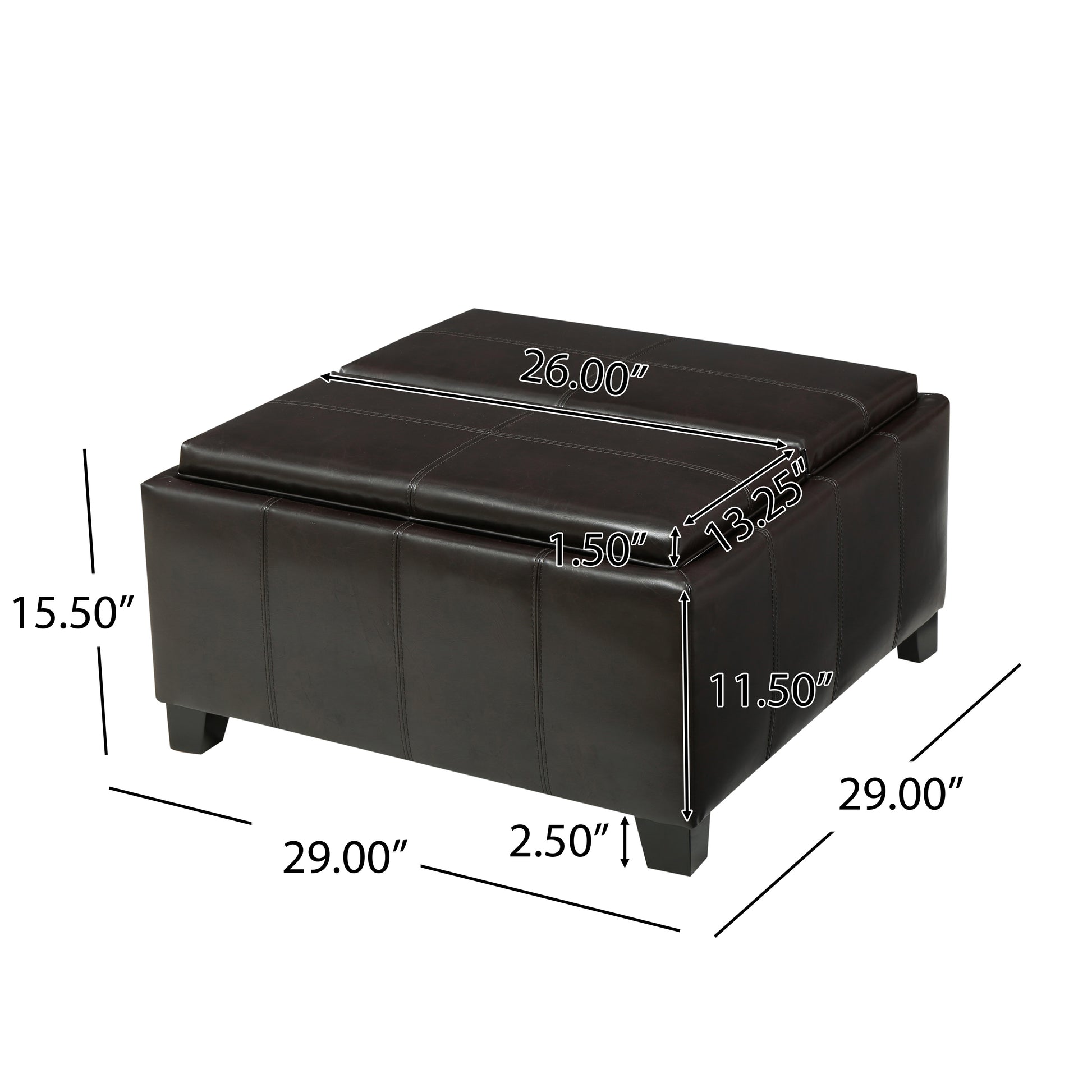 Dark brown faux leather storage ottoman with stitched detailing and wooden feet