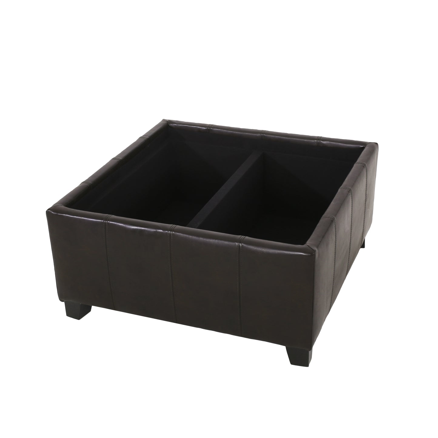 Dark brown faux leather storage ottoman with stitched paneling and two interior compartments