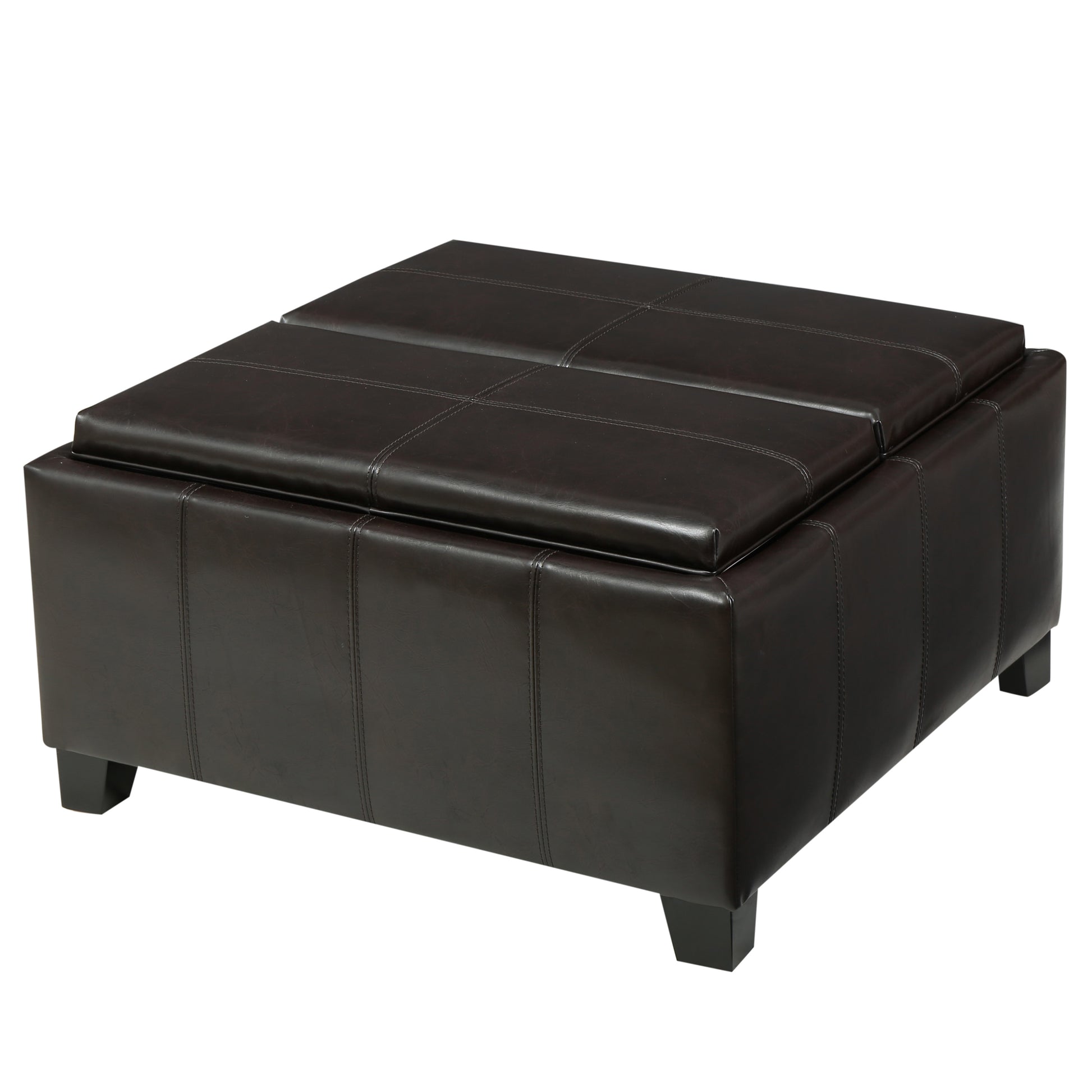 Dark brown faux leather storage ottoman with stitched top
