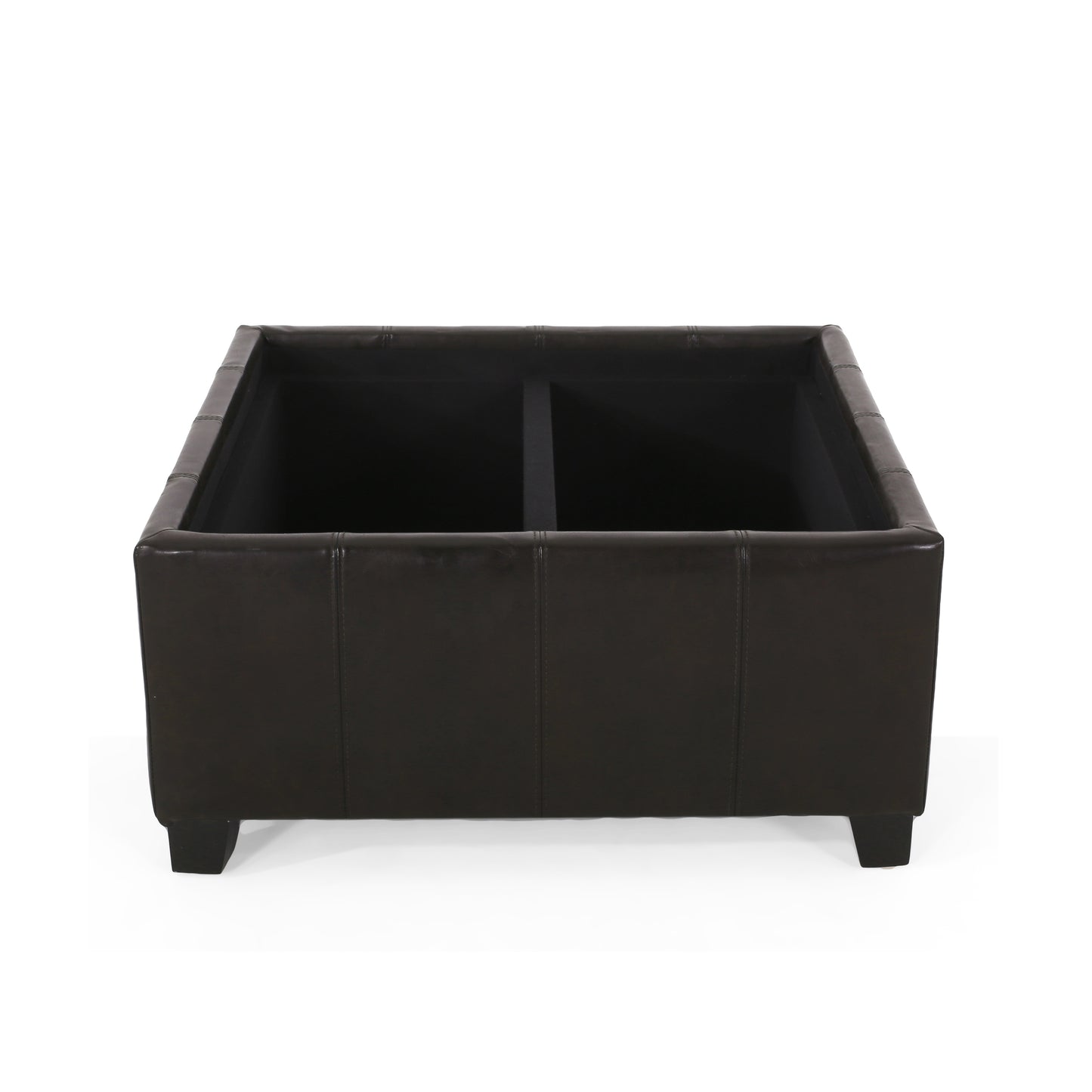 Dark brown leather storage ottoman with dual compartments and stitched paneling
