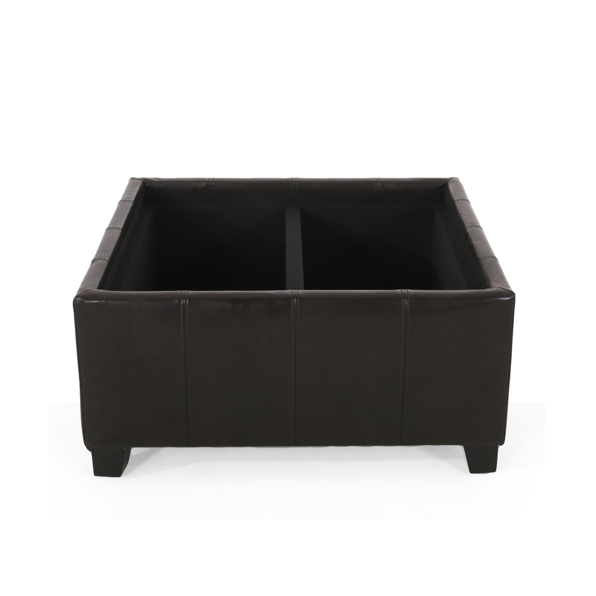 Dark brown leather storage ottoman with dual compartments and stitched paneling