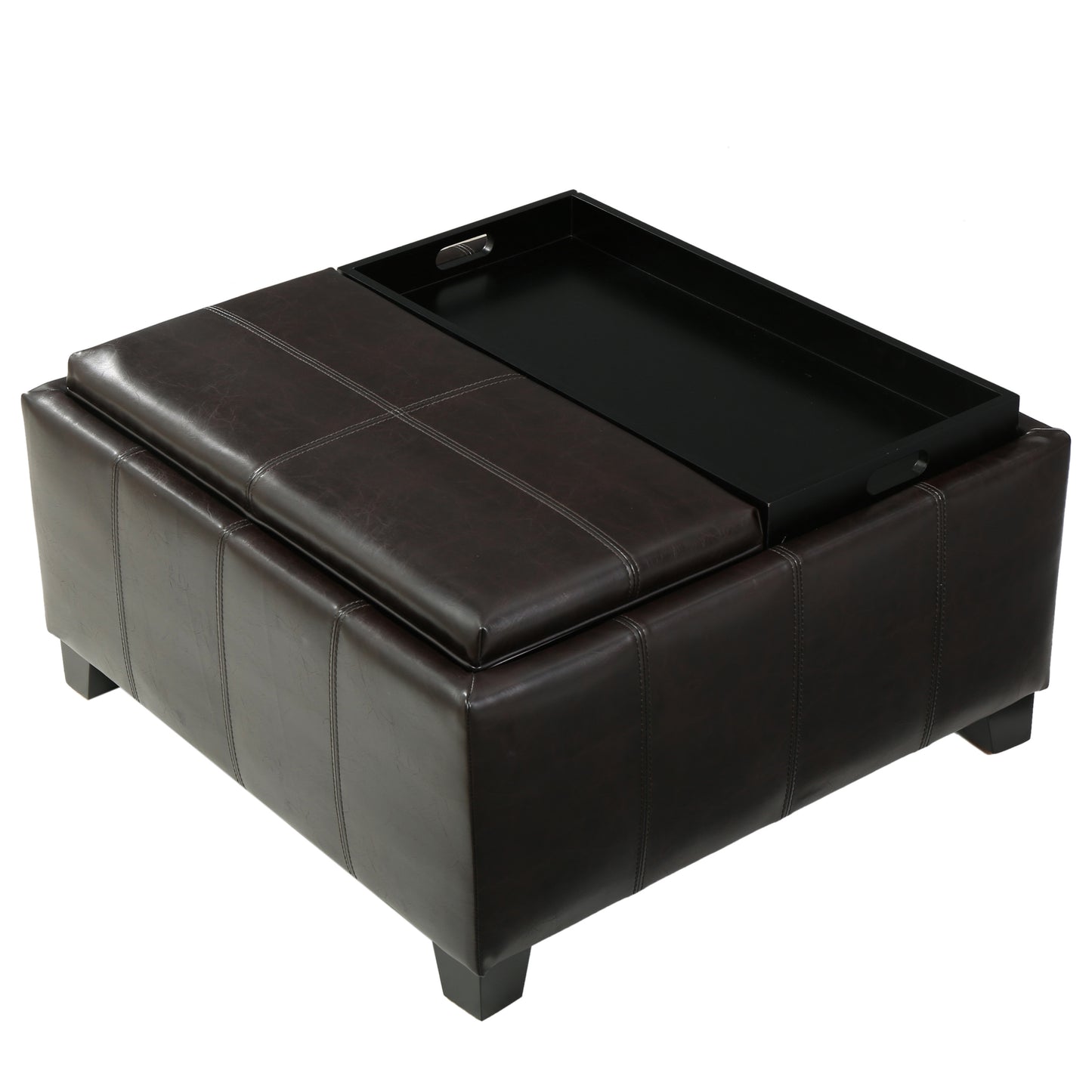 Dark brown faux leather storage ottoman with fliptop lid and black serving tray insert