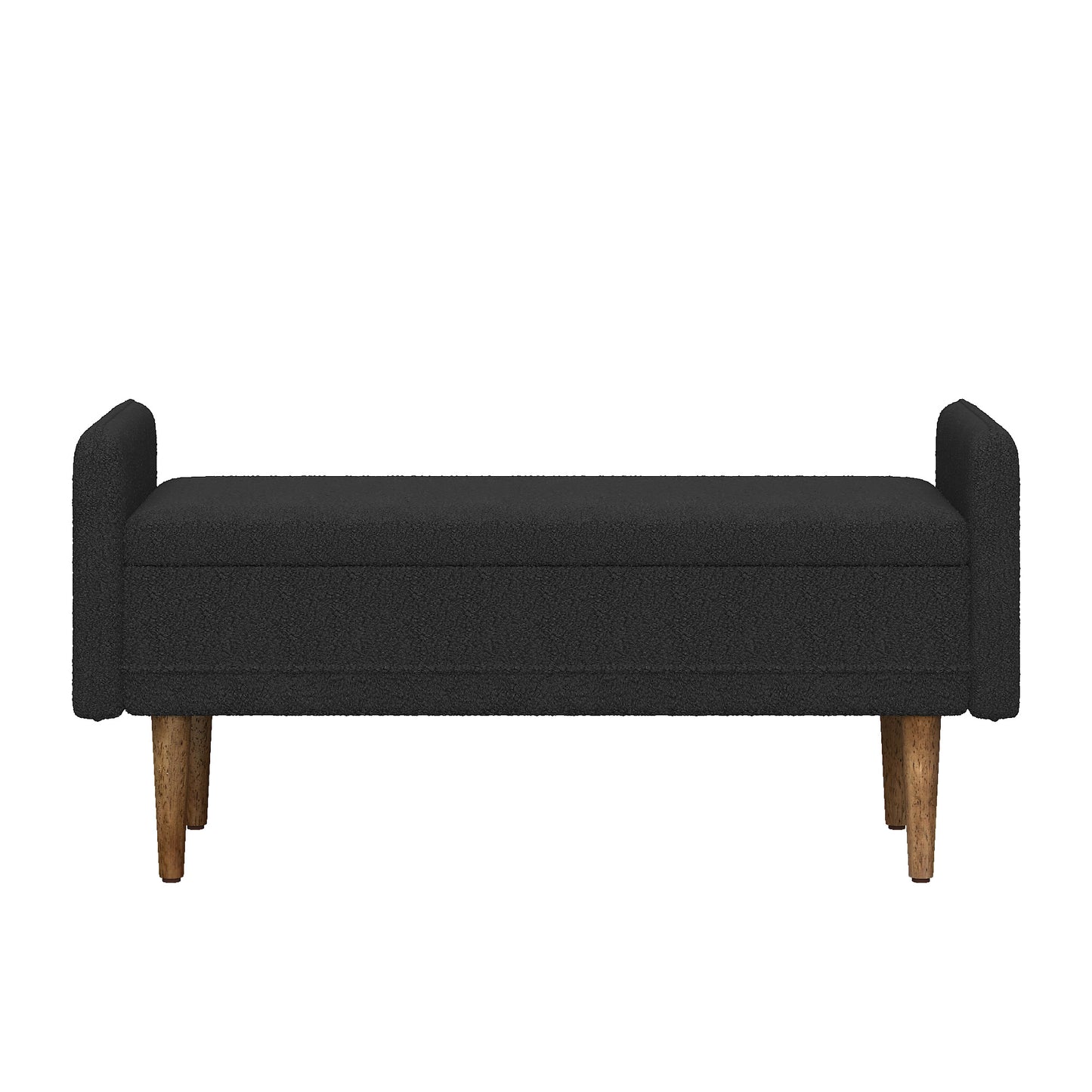 Black boucle fabric storage bench with tapered wooden legs