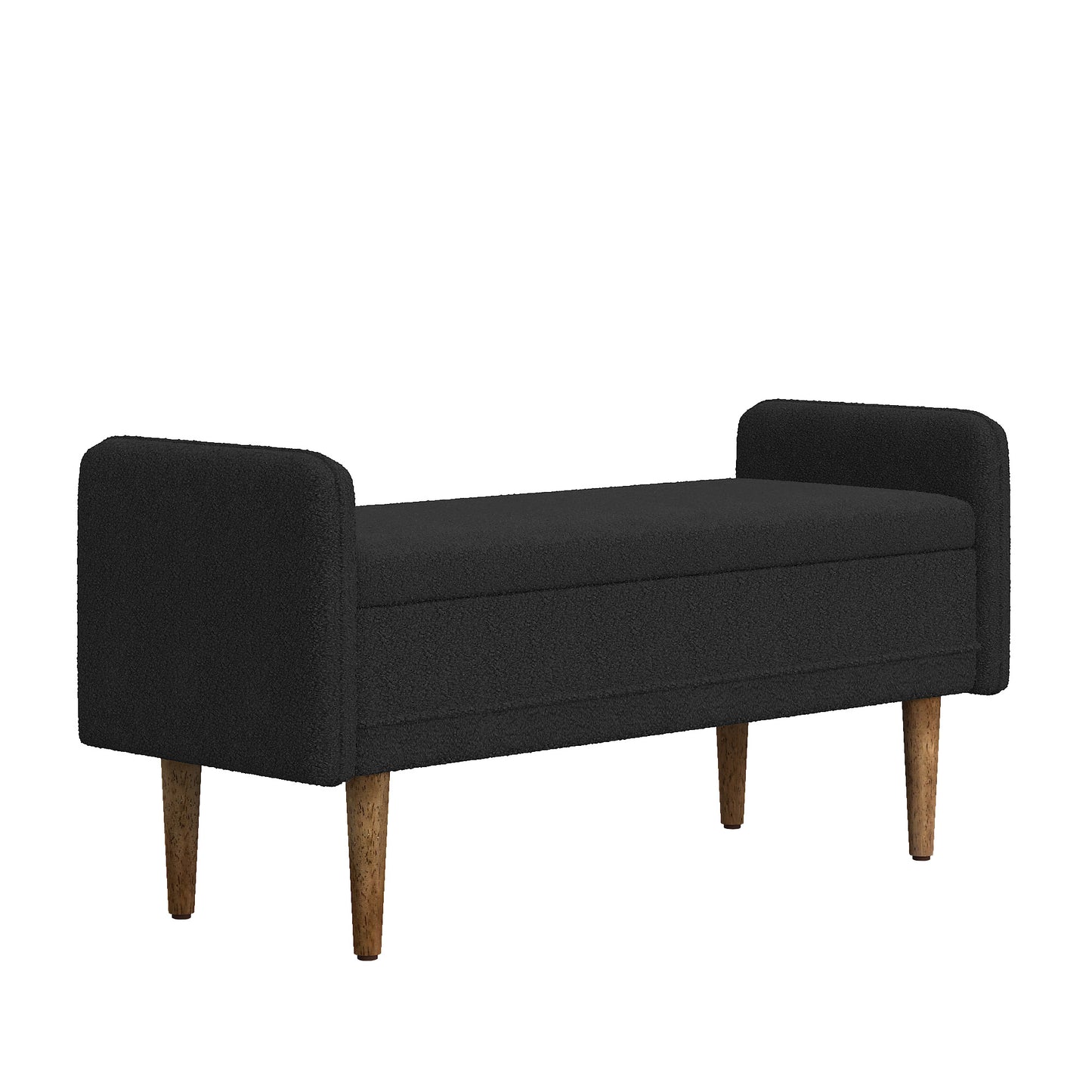 Black boucle storage bench with wooden tapered legs