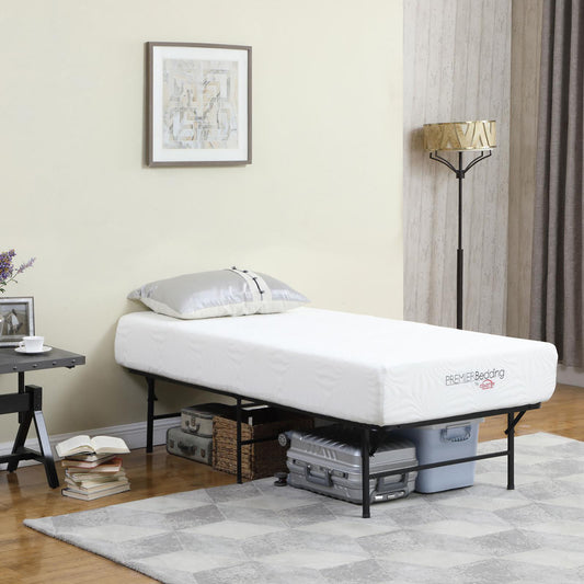 White memory foam mattress on a metal frame with underbed storage