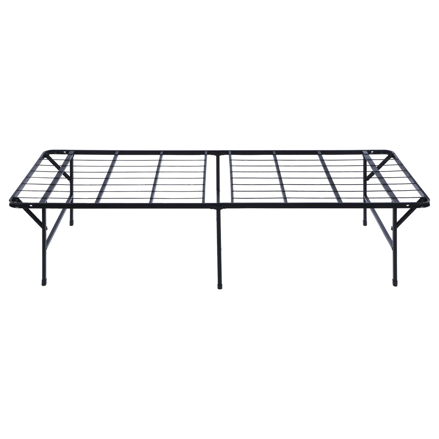 Black metal foldable bed frame with supportive slats