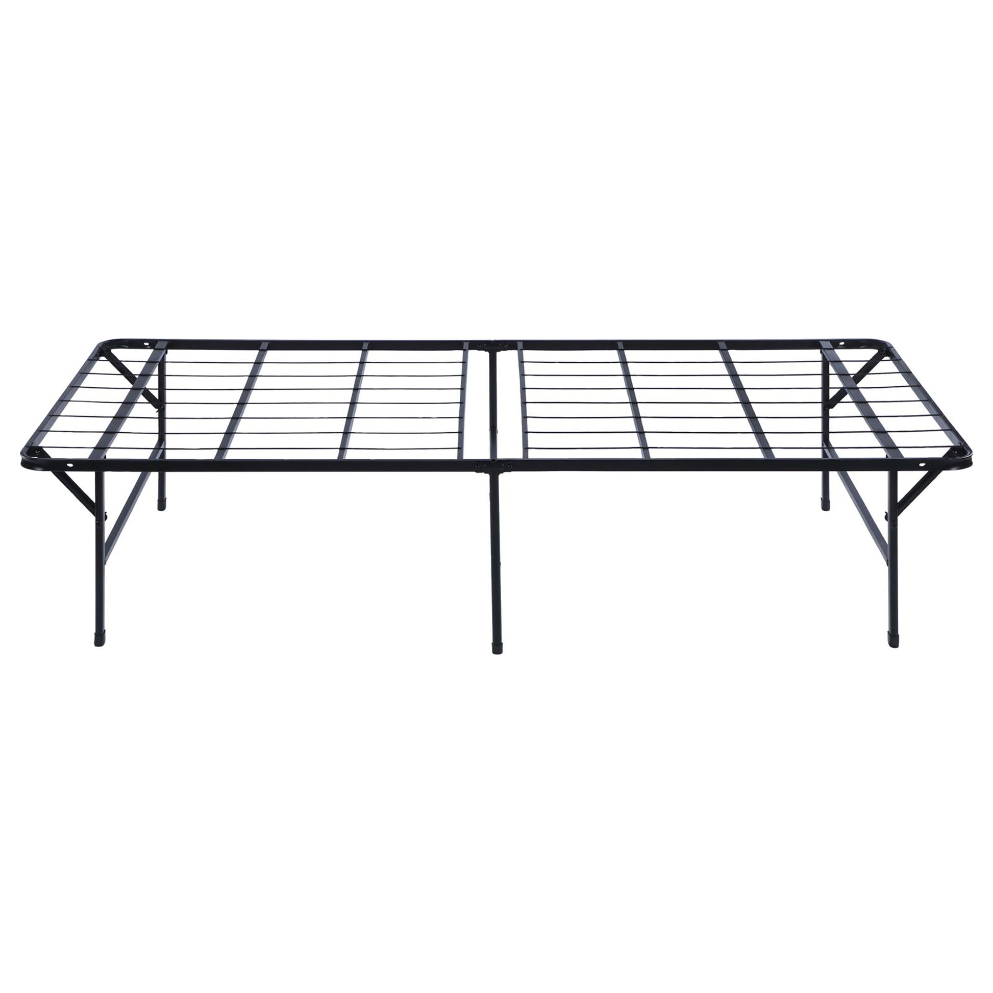 Black metal foldable bed frame with supportive slats