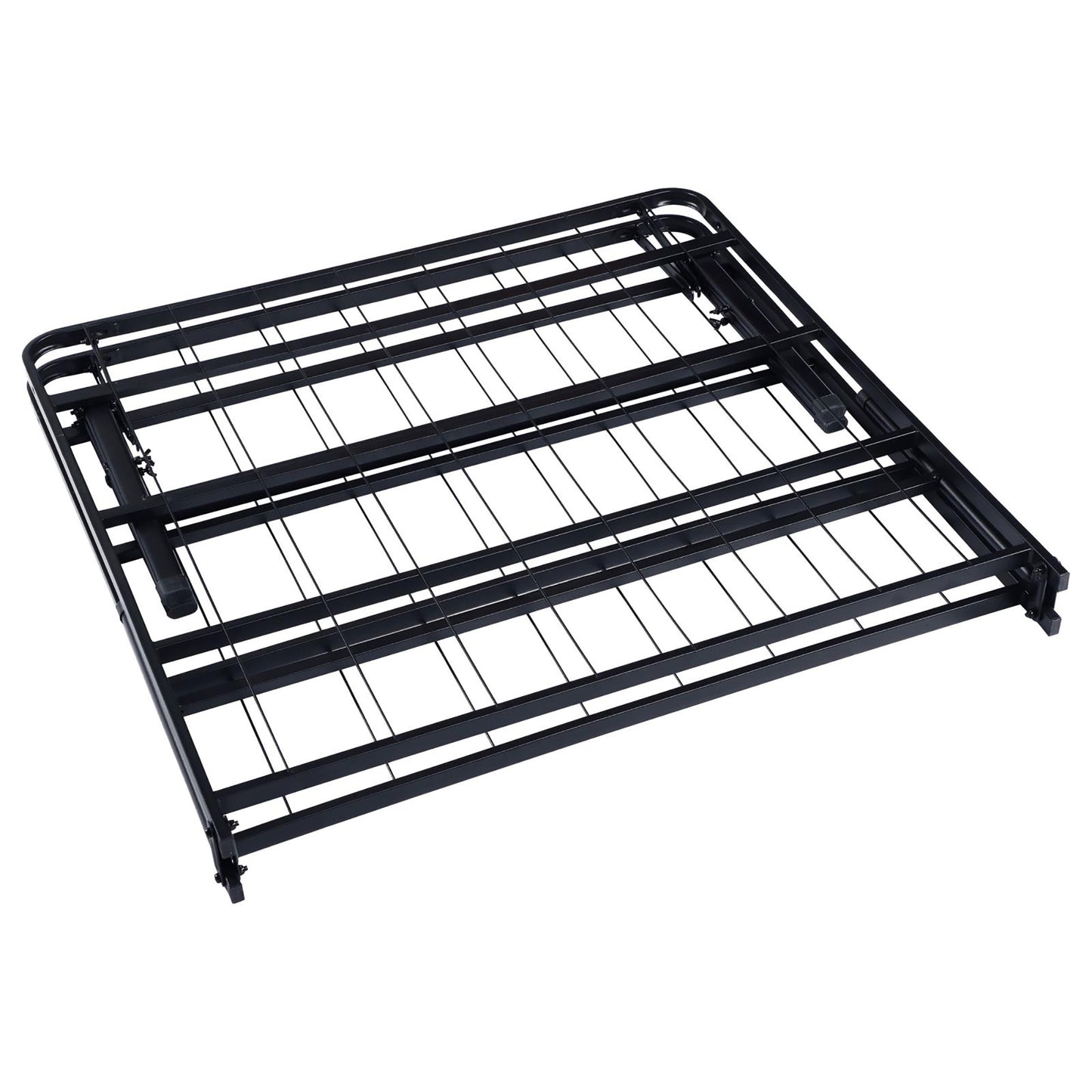 Black metal folding bed frame with mattress support wires