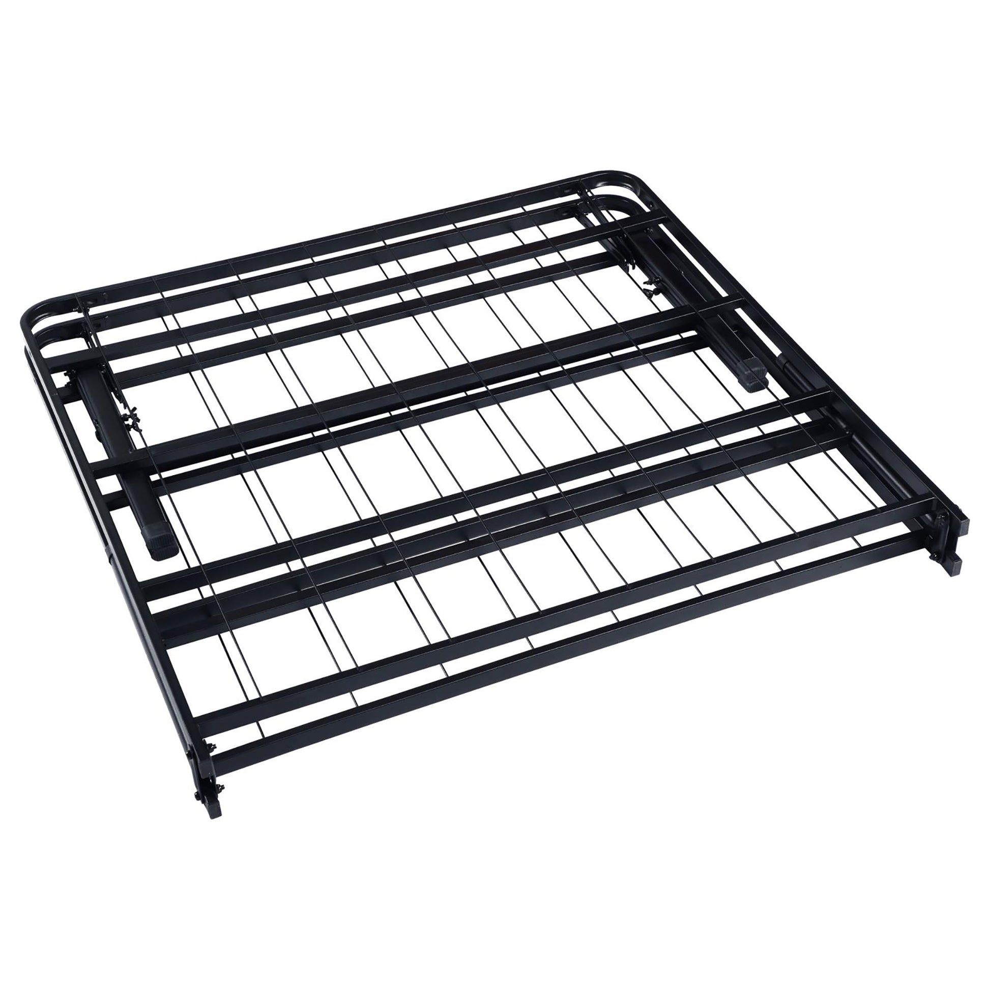 Black metal folding bed frame with mattress support wires