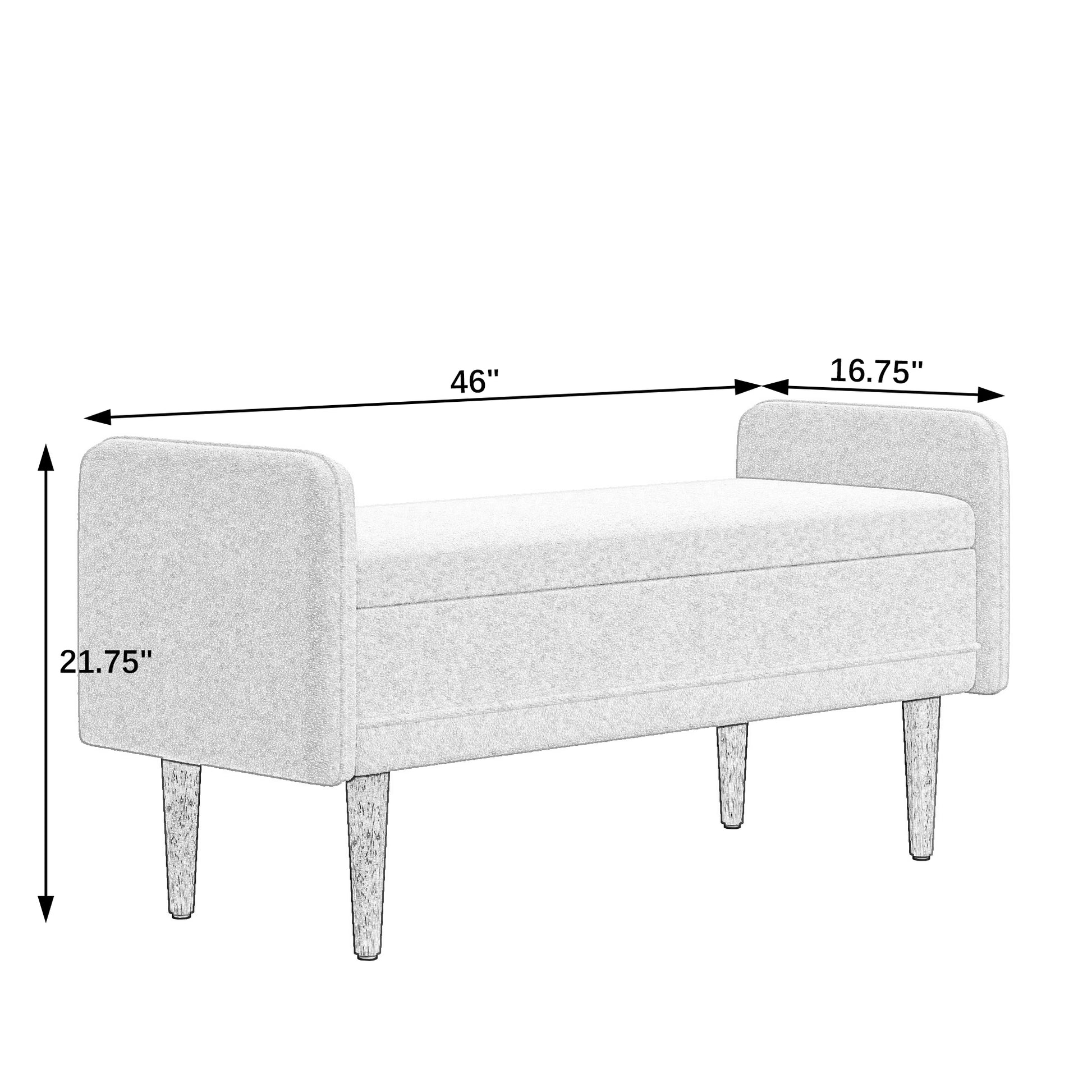 Gray storage bench with tapered wooden legs and button tufting