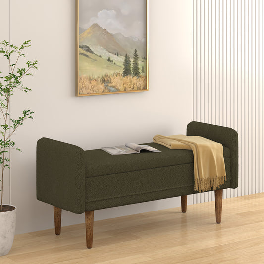 Dark olive green boucle storage bench with curved arms and wooden legs